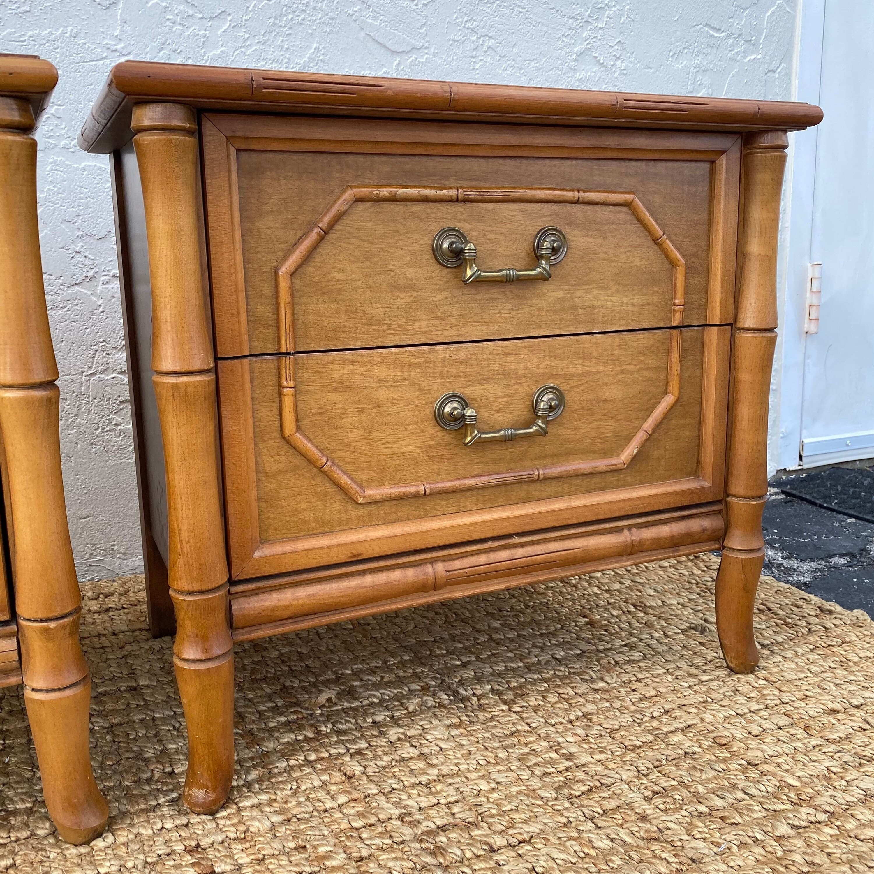 Set of 2 Vintage Faux Bamboo Nightstands - Brown Wooden Broyhill Hollywood Regency Coastal Furniture - Thumbnail 4