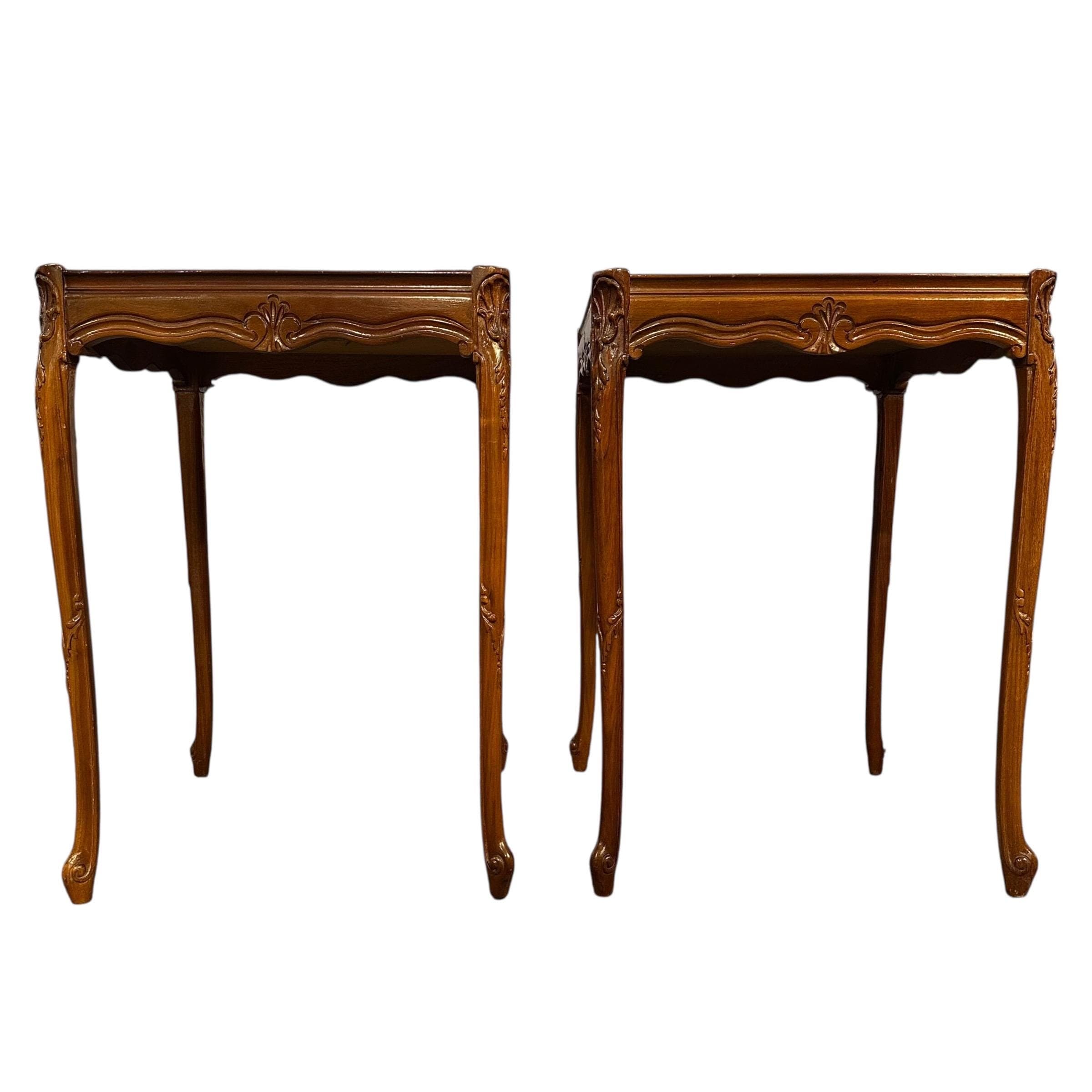 Vintage French Provincial End Tables - Carved Wood Parquet Top Side Tables - a Pair - Thumbnail 2
