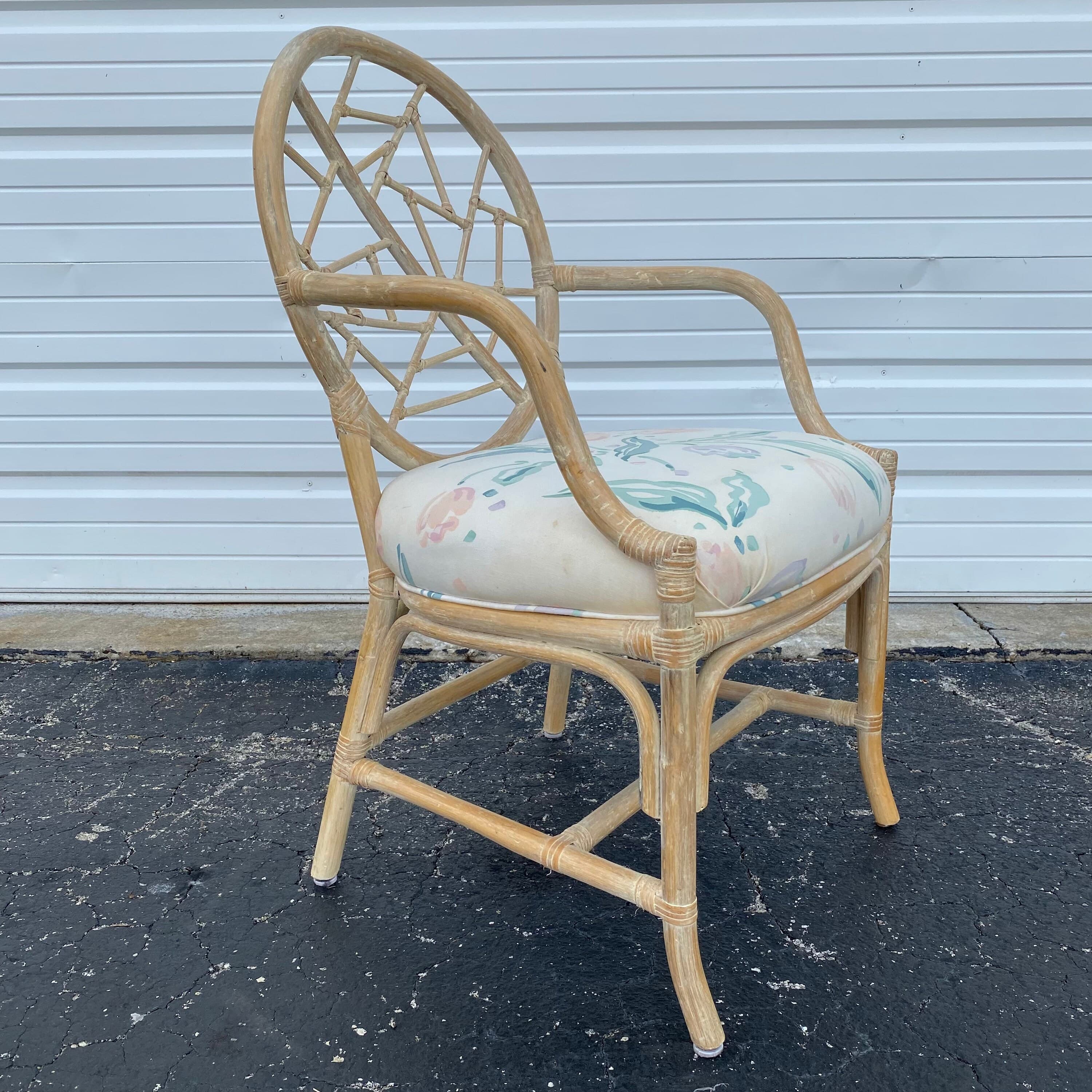 Vintage Rattan Dining Chair - One Cracked Ice McGuire Style Hollywood Regency Coastal Fretwork Armchair - Thumbnail 6