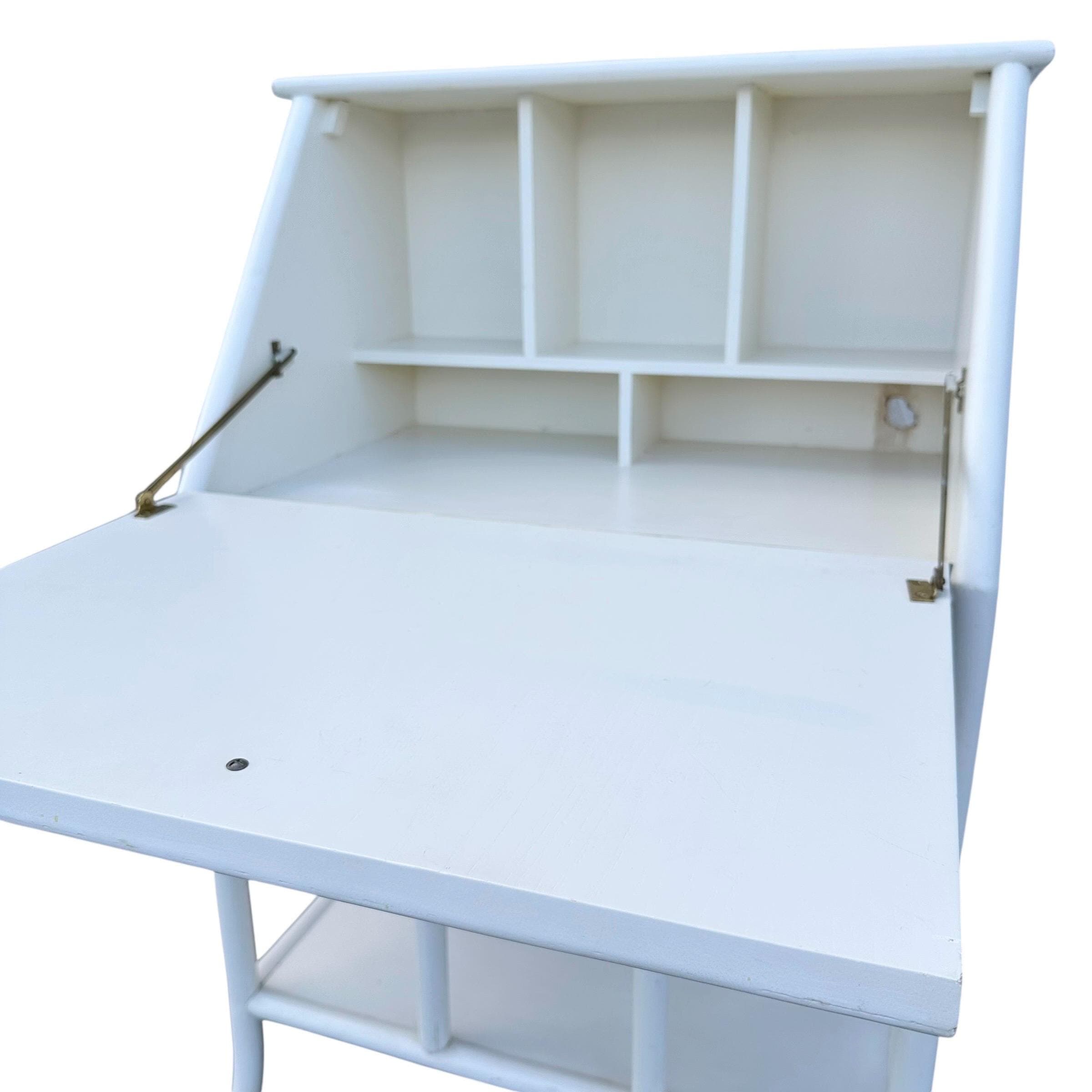 Vintage White Bamboo Secretary Desk with Drop Front - Coastal Rattan Boho Chic Style Furniture - Thumbnail 4