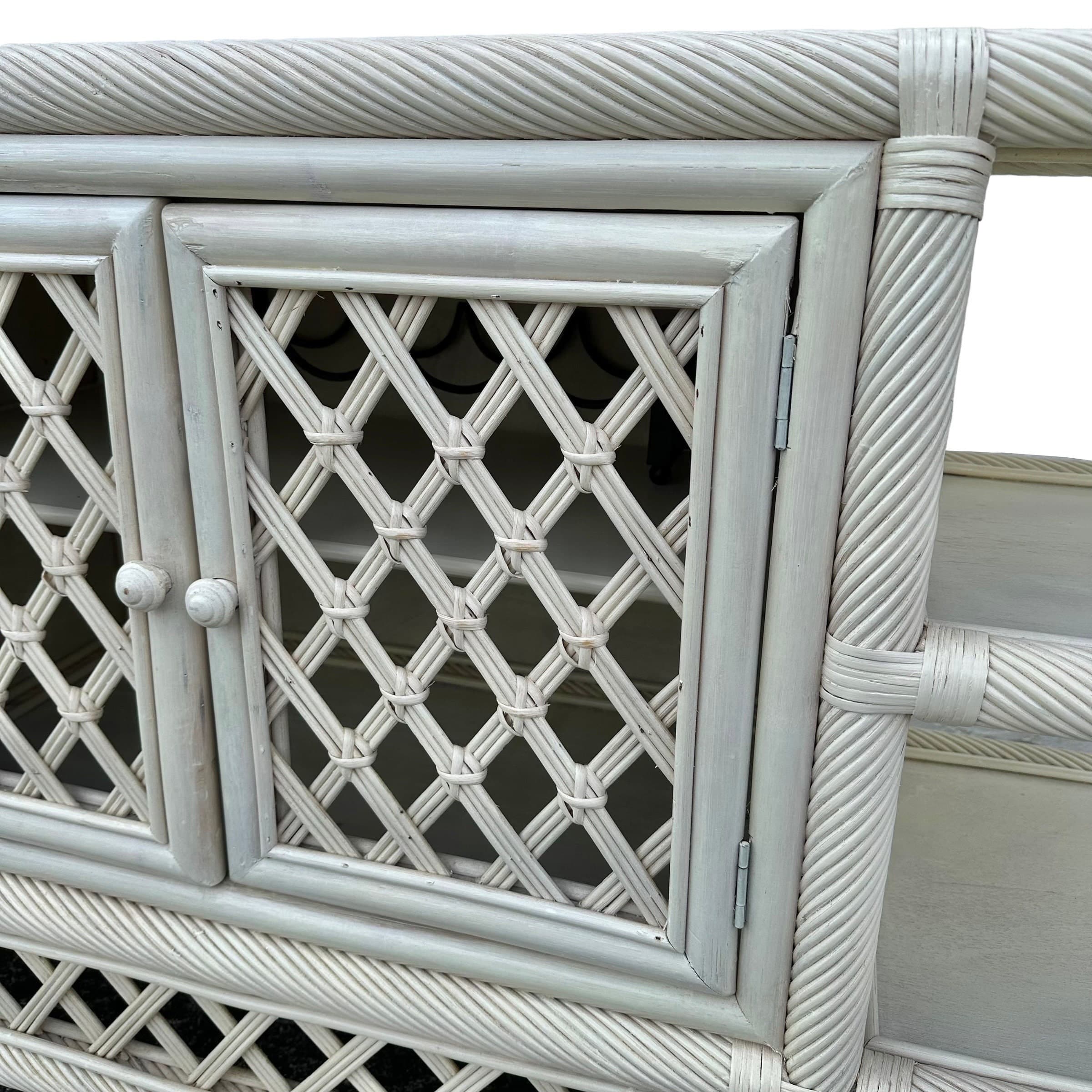 White Rattan Sideboard 60” - Vintage Woven Lattice Twisted Rope Media Center Console Hollywood Regency Coastal Wood Buffet Cabinet TV Table - Thumbnail 5
