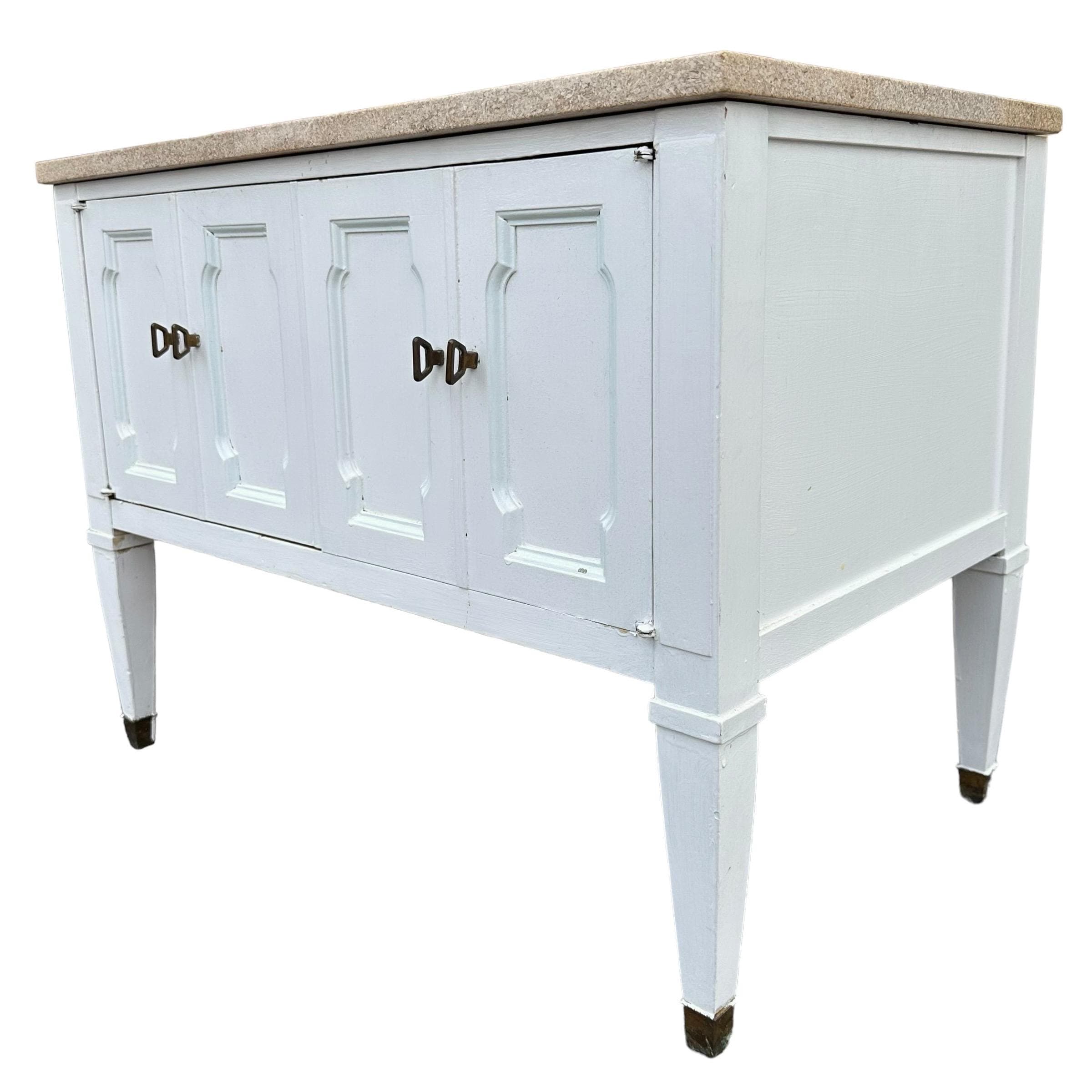 White End Table with Terrazzo Stone Top 28x18x22”H - Vintage Commode Nightstand or Accent Storage Cabinet in French Country Style - Thumbnail 8