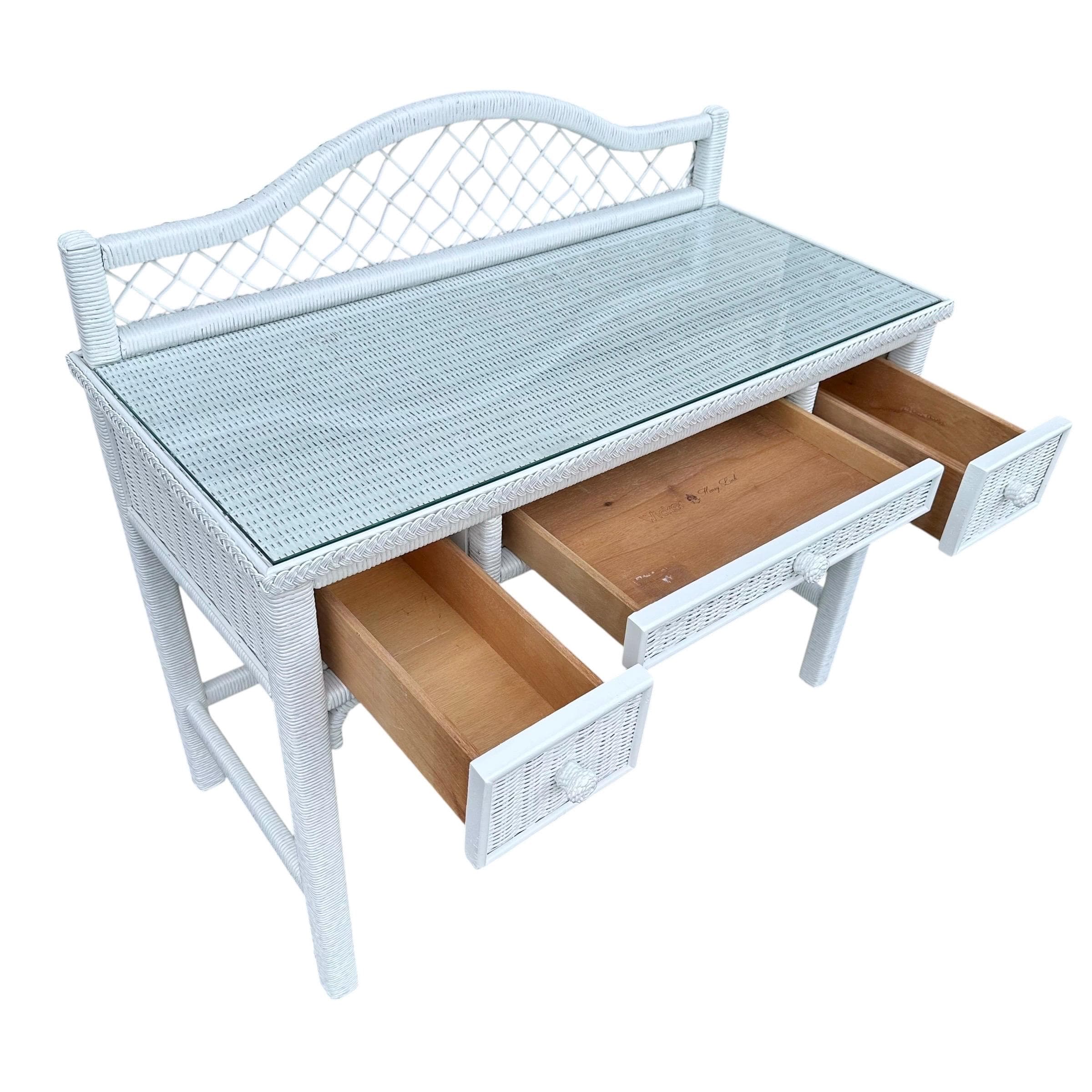 White Rattan Desk by Henry Link Wicker 42” Vintage Glass Table Top Small Vanity - Coastal Hollywood Regency Boho Chic Style Furniture - Thumbnail 4