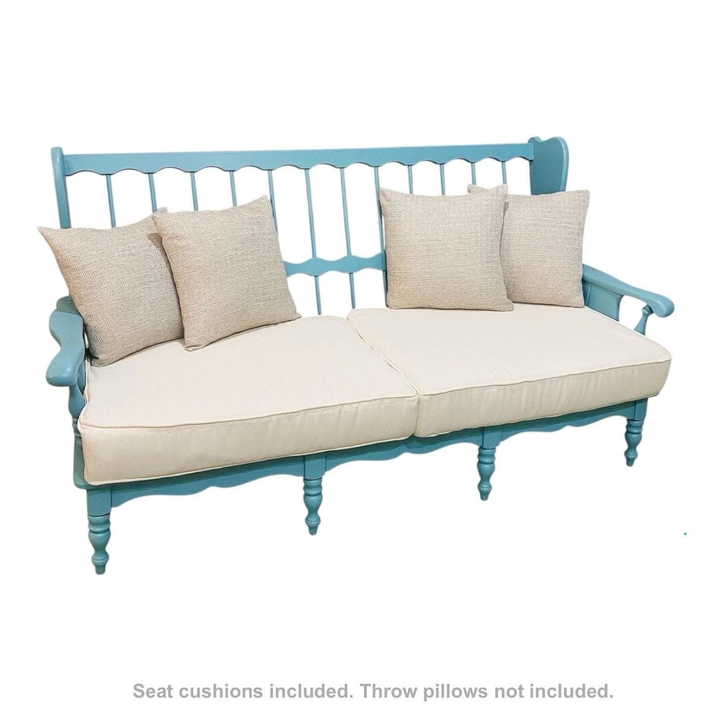 Vintage Turquoise Blue Settee 69” Long - 3 Seat Spindle Back Bench with Cushions - Aqua Cottage Farmhouse Sofa - Thumbnail 2