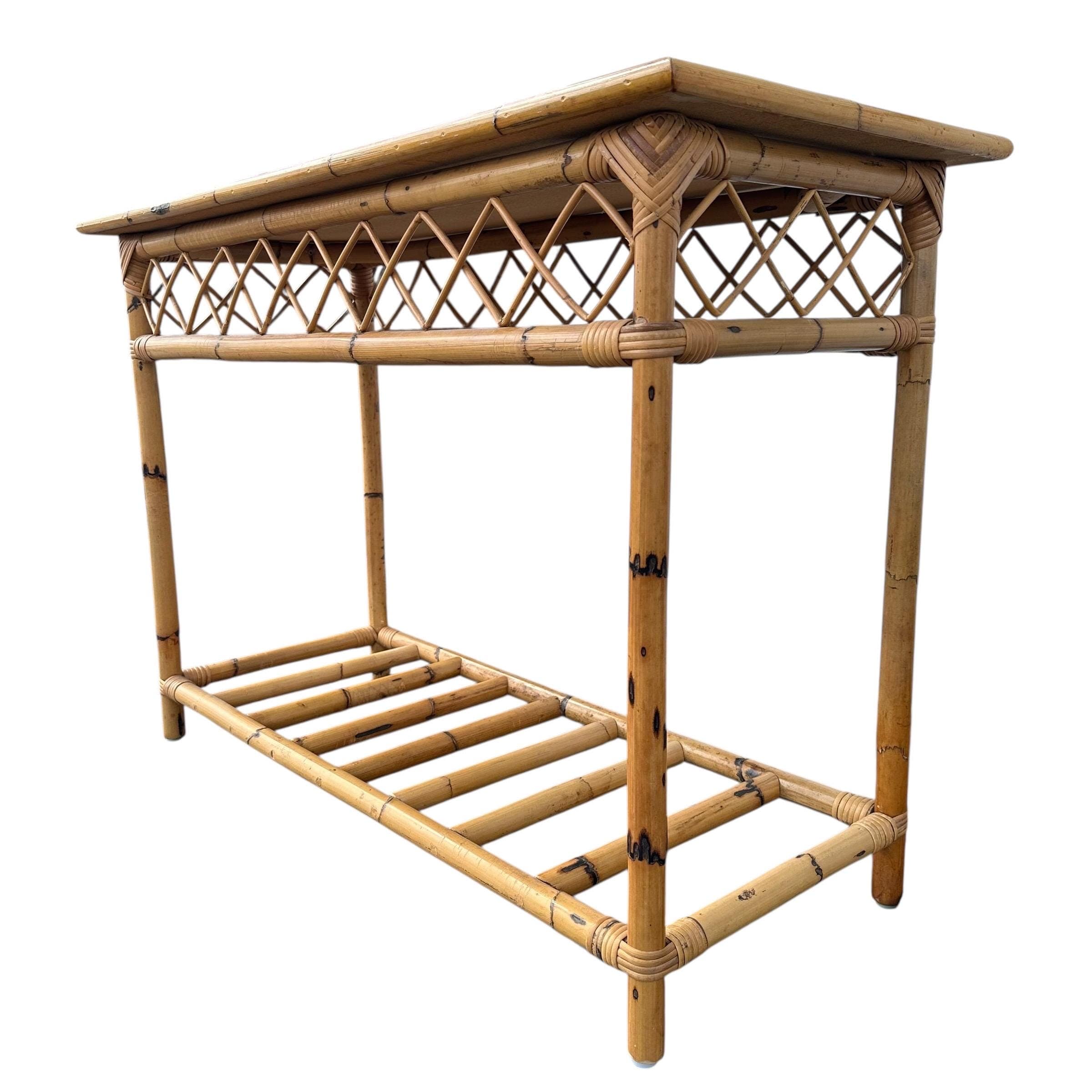 Vintage Bamboo Console Table 43” - Herringbone Rattan Wicker Entry Sofa Hollywood Regency Coastal Boho Chic Furniture - Thumbnail 9