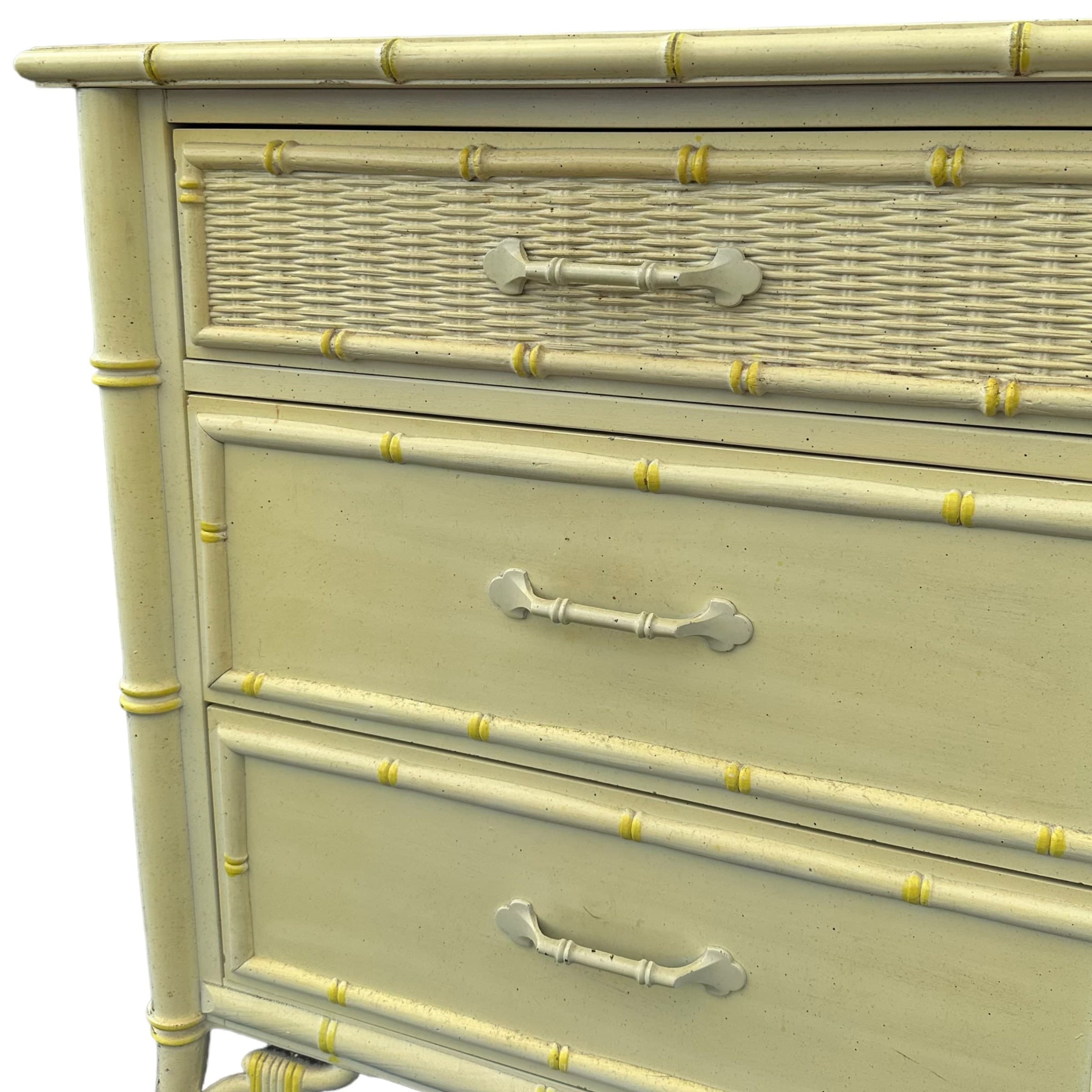 Hollywood Regency Dresser by Stanley Furniture - 1970s Vintage 9 Drawer, Faux Bamboo & Rattan Wicker, Light Yellow, Chinoiserie Style - Thumbnail 2