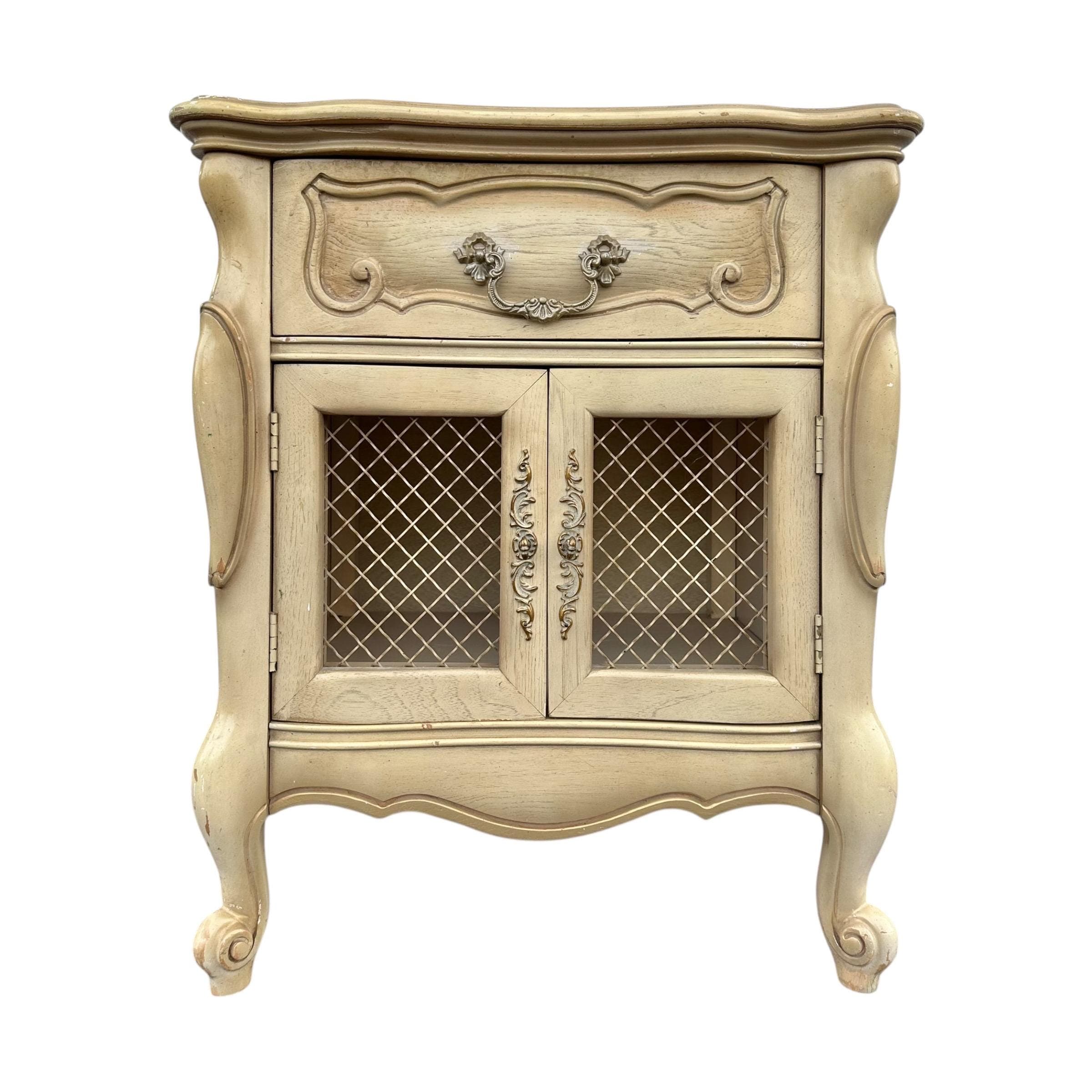 French Provincial Nightstand 27” Tall - Vintage Louis XV Style Carved Wood & Lattice Wire Mesh Doors Shabby Chic End Table - Image 1
