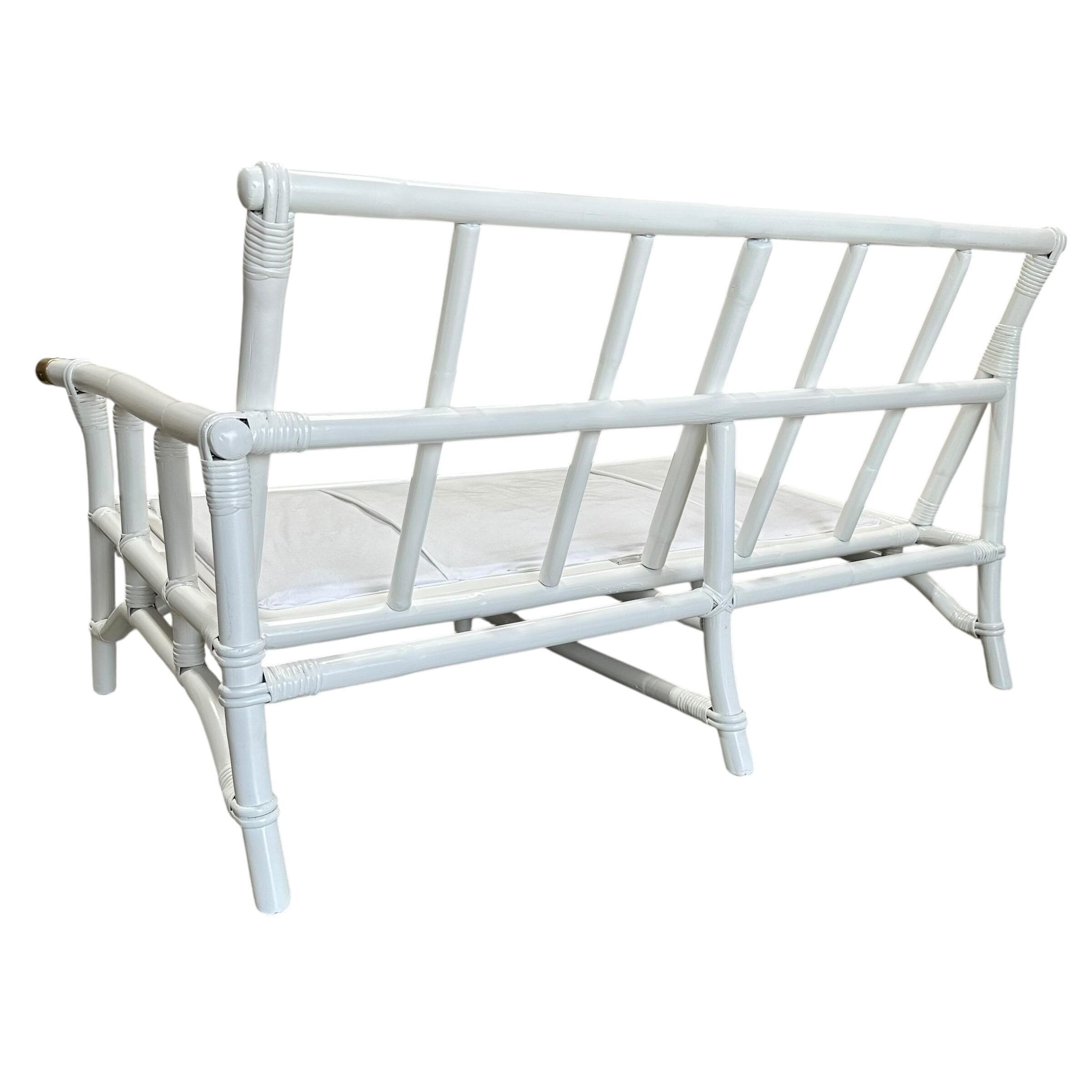 Ficks Reed White Rattan Sofa 50” - Vintage 1950s Midcentury One Arm Settee with Brass Floral Cap - John Wisner Loveseat - Thumbnail 8