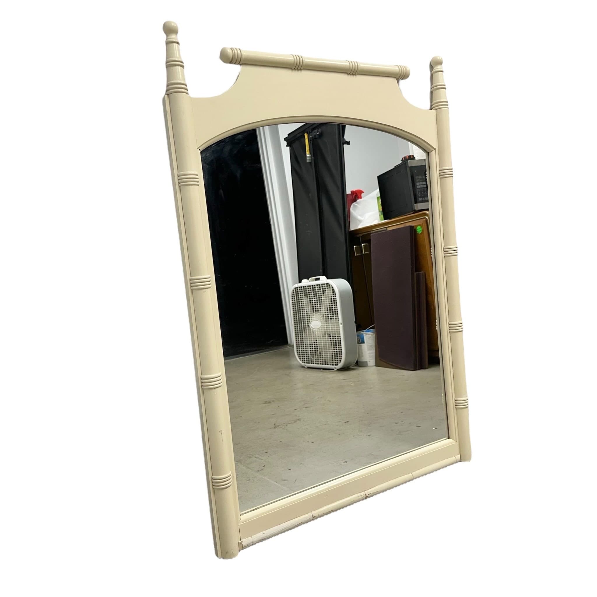 Faux Bamboo Mirror 42x30 LOCAL PICKUP Vintage Creamy White Coastal Hollywood Regency Style - Thumbnail 5
