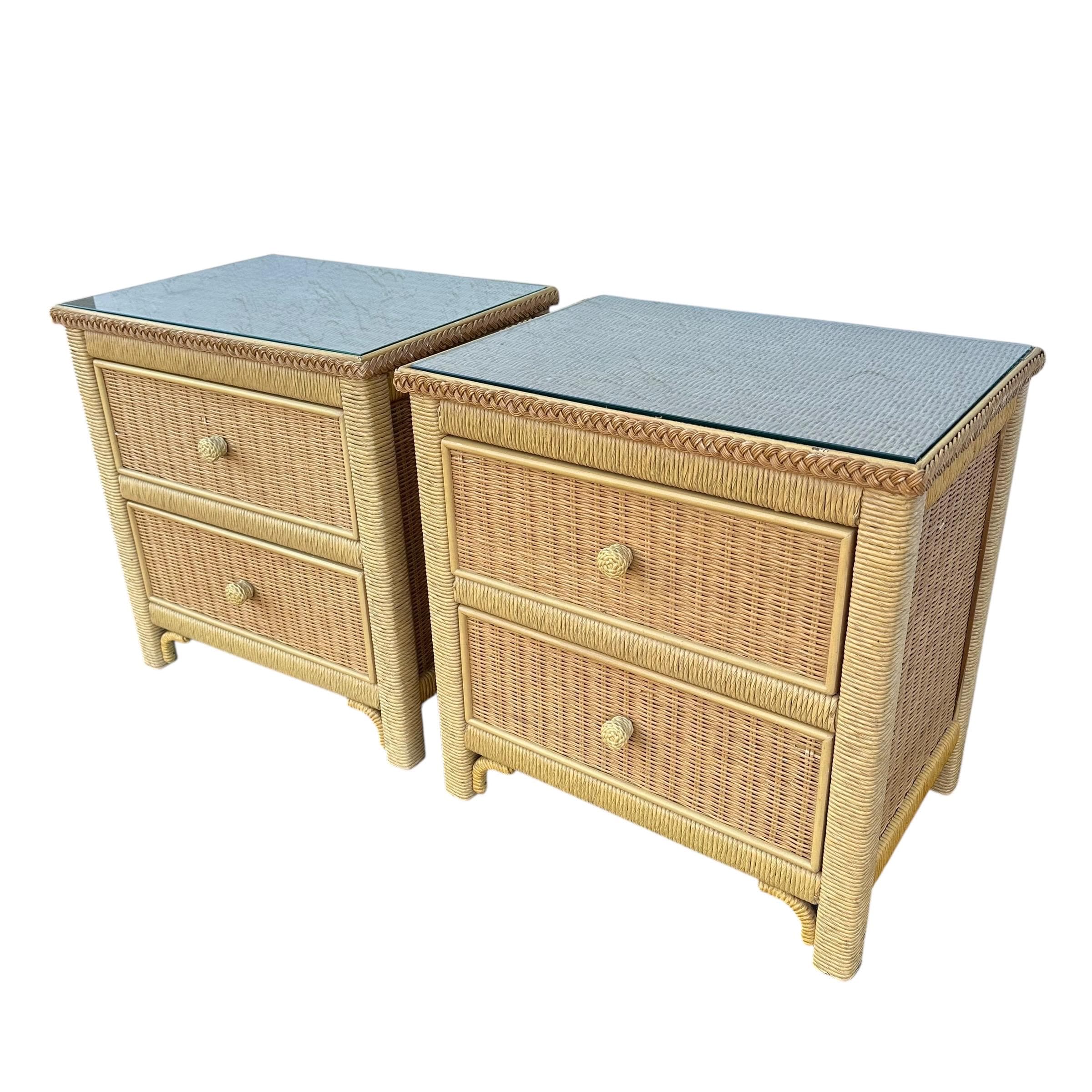 Henry Link Wicker Nightstands Pair - Set of 2 Vintage Natural Rattan Coastal Furniture - Thumbnail 8