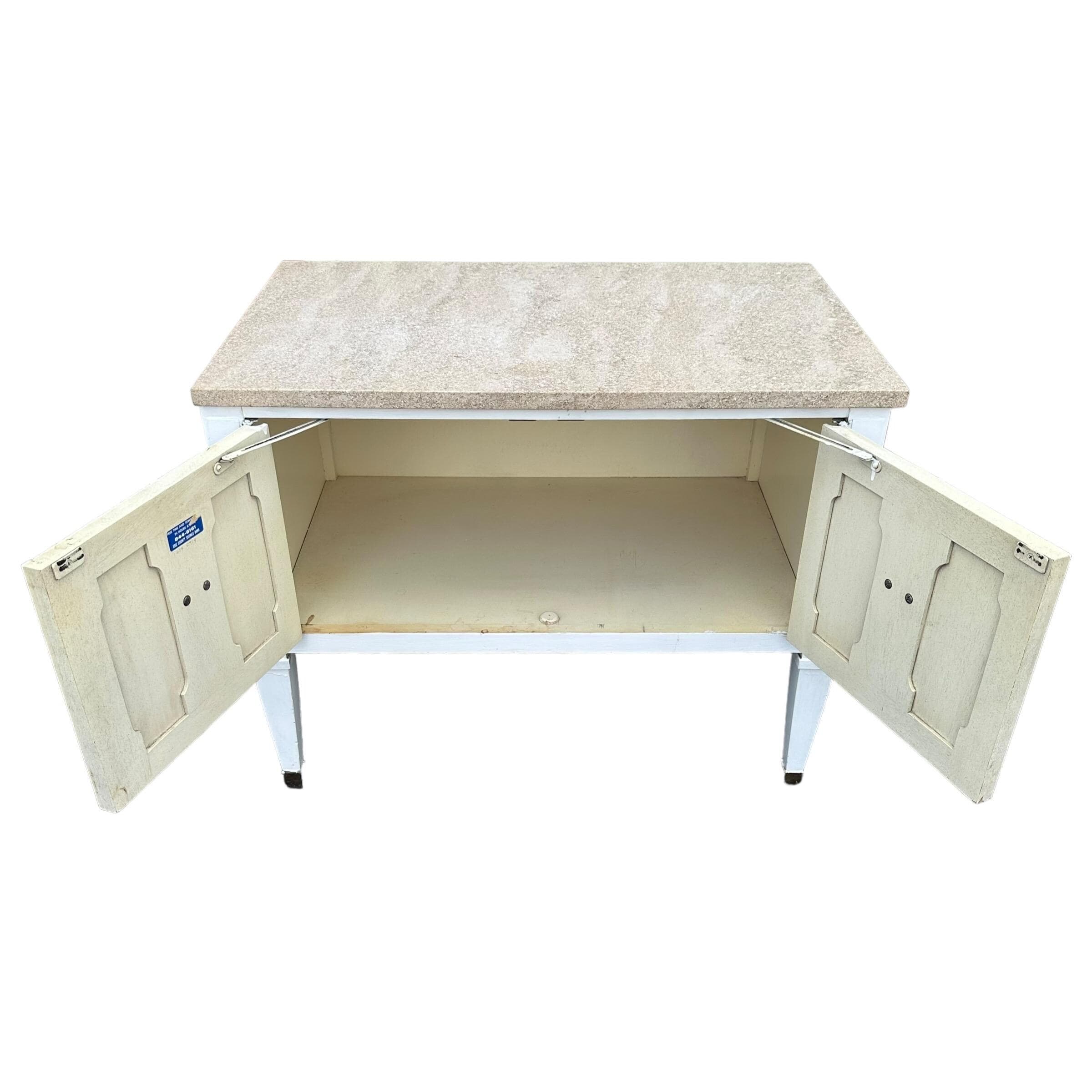 White End Table with Terrazzo Stone Top 28x18x22”H - Vintage Commode Nightstand or Accent Storage Cabinet in French Country Style - Thumbnail 5