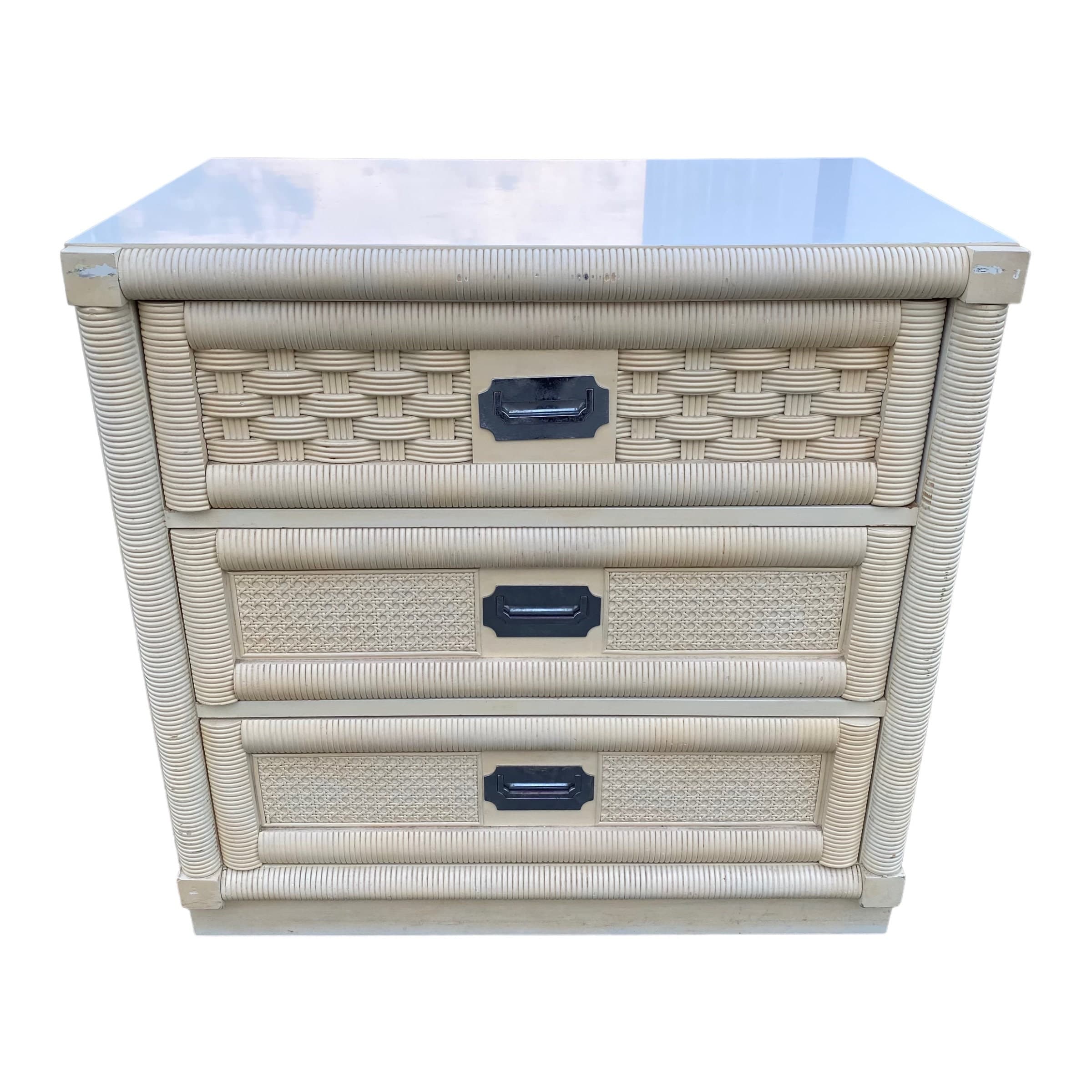 Rattan Nightstand by Dixie Wicker Weve with 3 Drawers 30" Tall - Vintage Creamy White Cane Coastal Bamboo Campaign Boho Chic Style Chest - Thumbnail 8