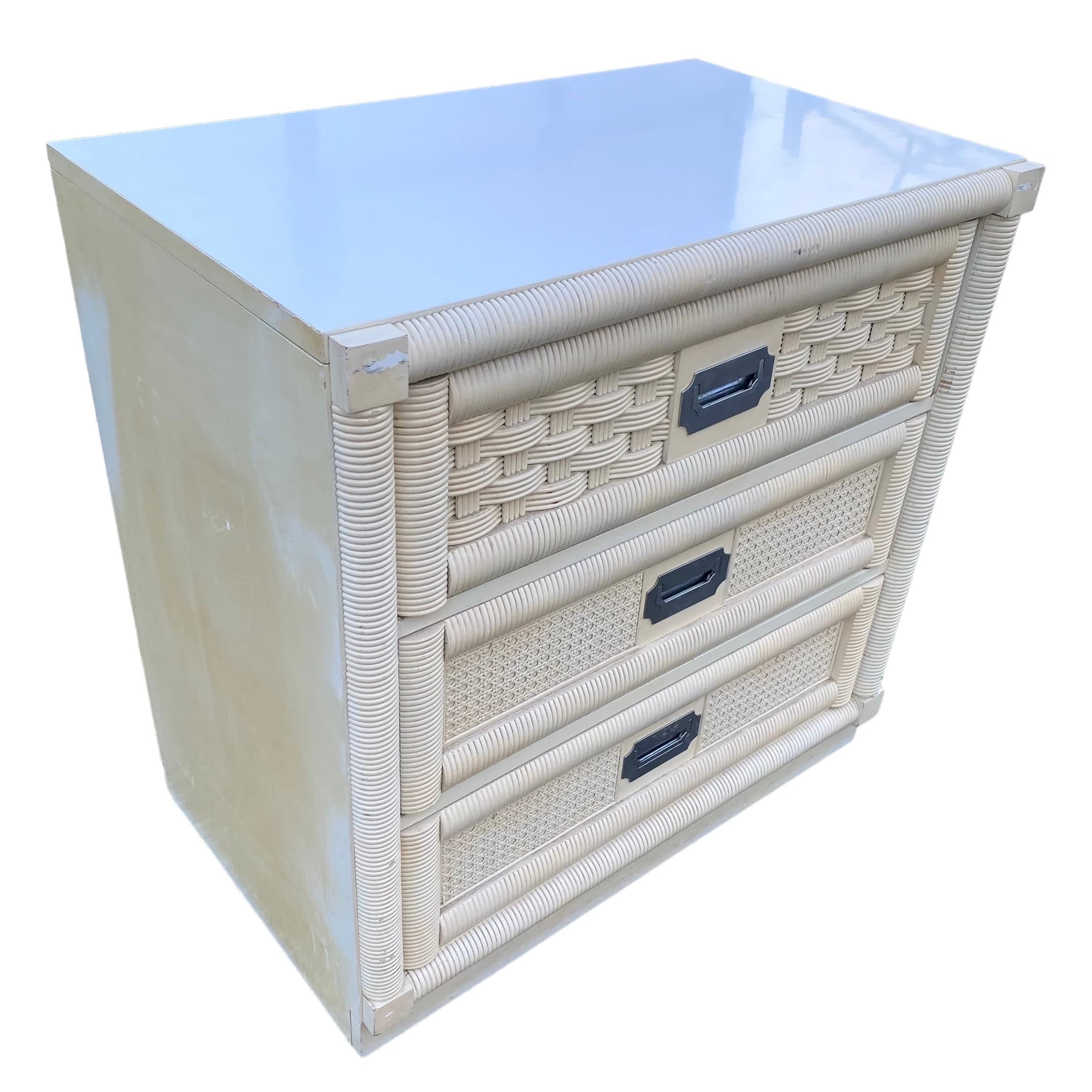 Rattan Nightstand by Dixie Wicker Weve with 3 Drawers 30" Tall - Vintage Creamy White Cane Coastal Bamboo Campaign Boho Chic Style Chest - Thumbnail 7