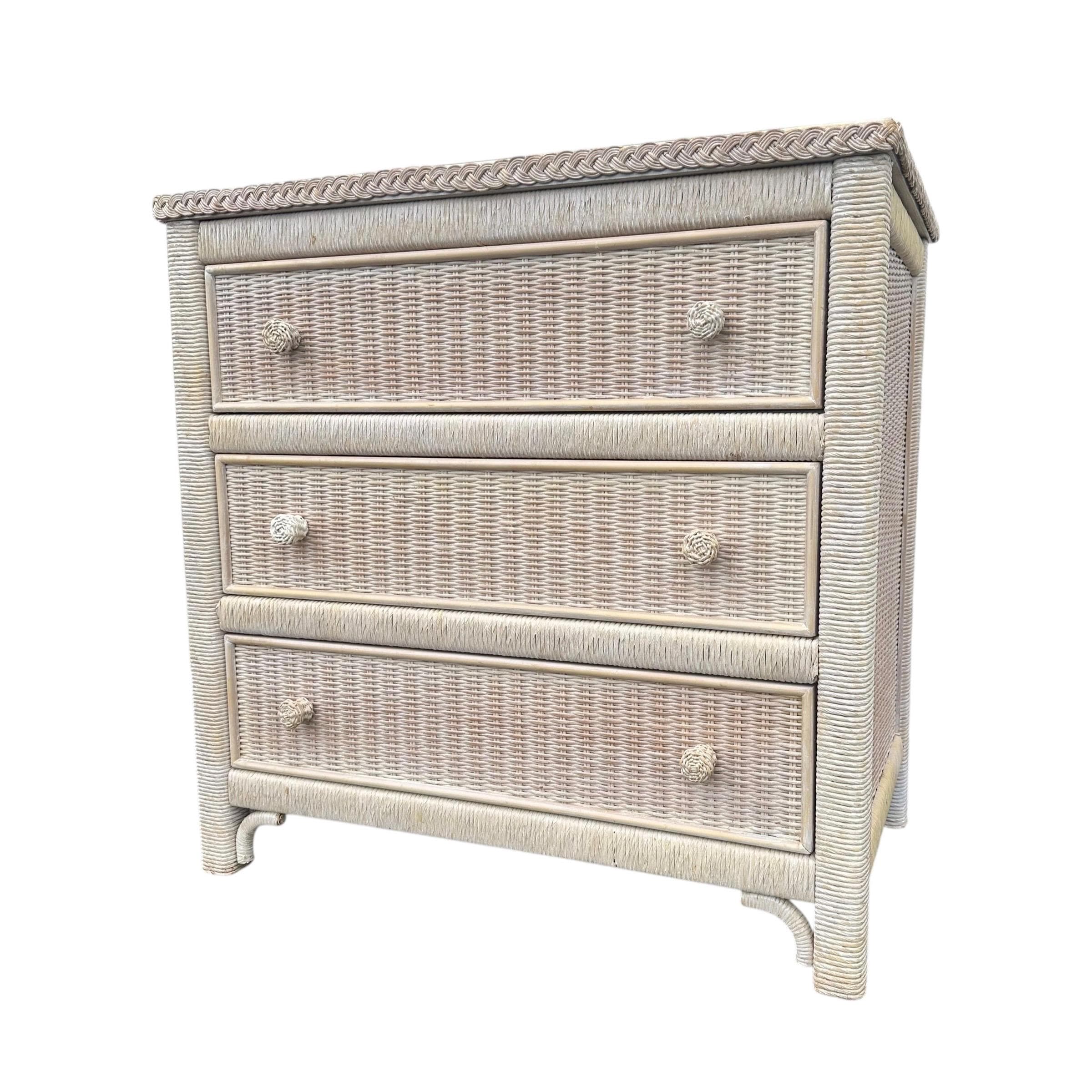 SOLD Natural Wicker Nightstand Chest by Henry Link 30” Tall - Vintage Coastal Rattan Boho Chic 3 Drawer Dresser & Glass Table Top - Thumbnail 2