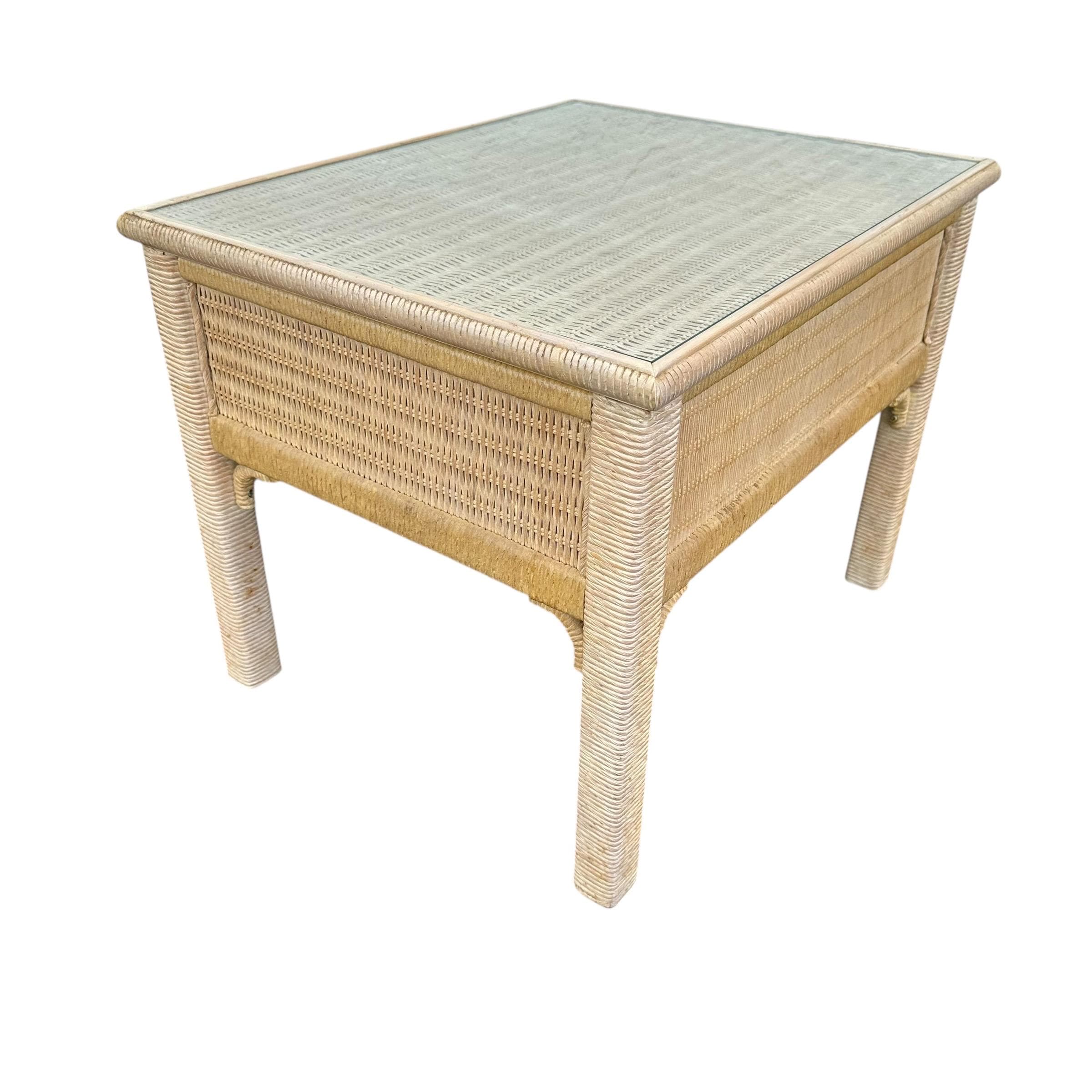 Rattan End Table by Henry Link Wicker 22x27 with Glass Top & Drawer - Vintage Coastal Boho Chic Hollywood Regency Bamboo Style Furniture - Thumbnail 6