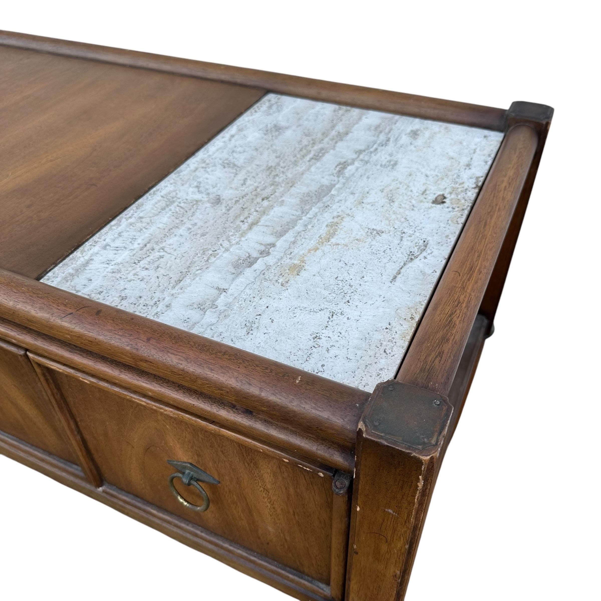 Mid Century Modern Low Profile Cabinet by Gordon’s Fine Furniture 56” Long - Vintage MCM Midcentury Walnut Wood Stone Console Table Credenza - Thumbnail 4