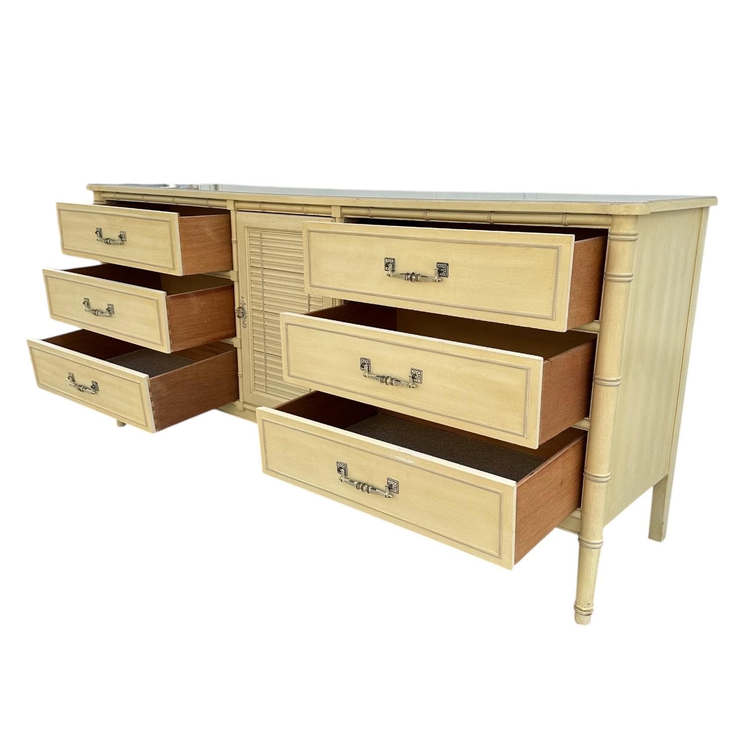 Faux Bamboo Dresser by Henry Link Bali Hai 70" Long Vintage Creamy White Shutter Louver Door Hollywood Regency Coastal 9 Drawer Credenza - Thumbnail 7