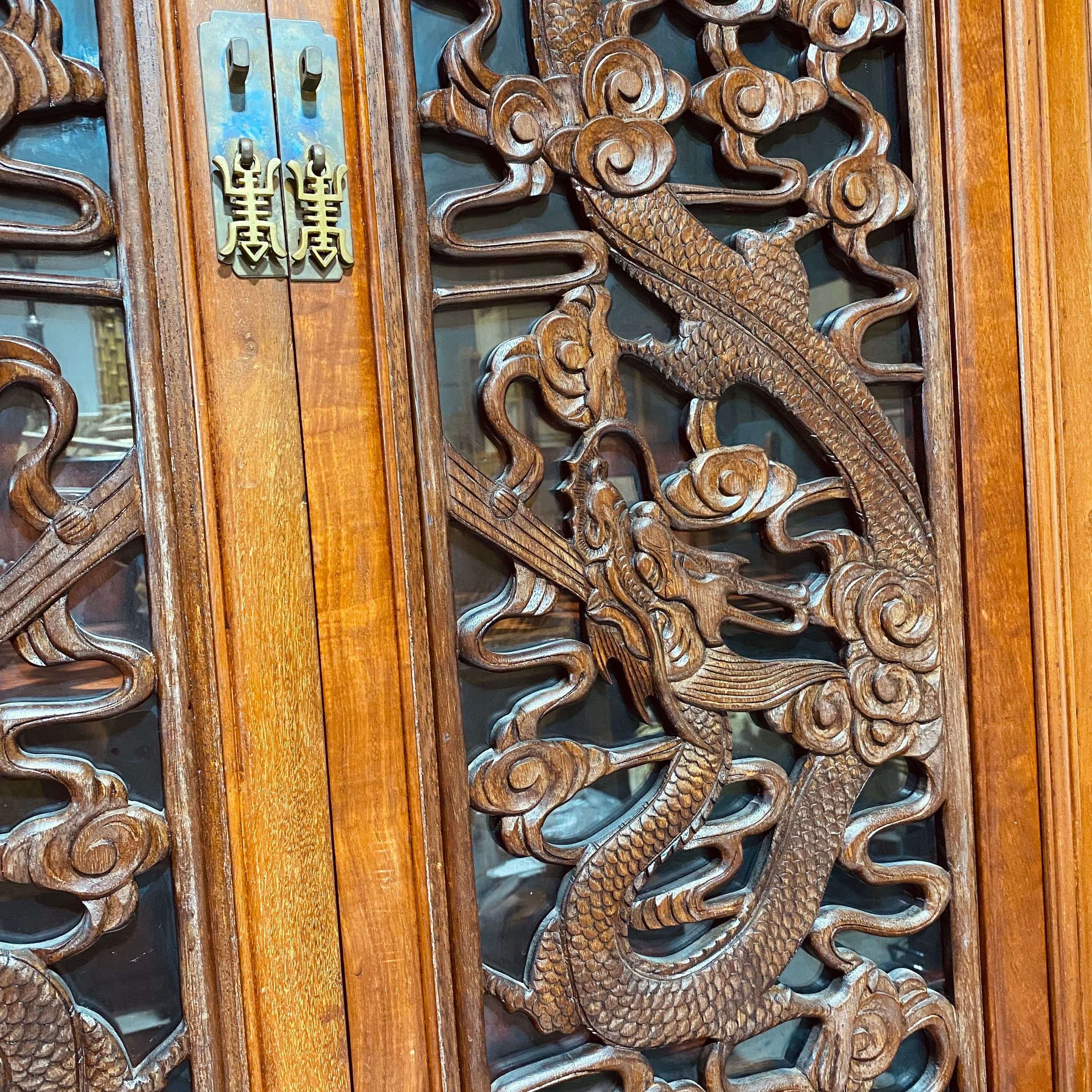 Vintage Rosewood China Cabinet - Hand Carved Fire Dragons, Asian Brass Hardware, Glass Doors, Oriental Display Hutch, Rare Chinese Furniture - Thumbnail 4