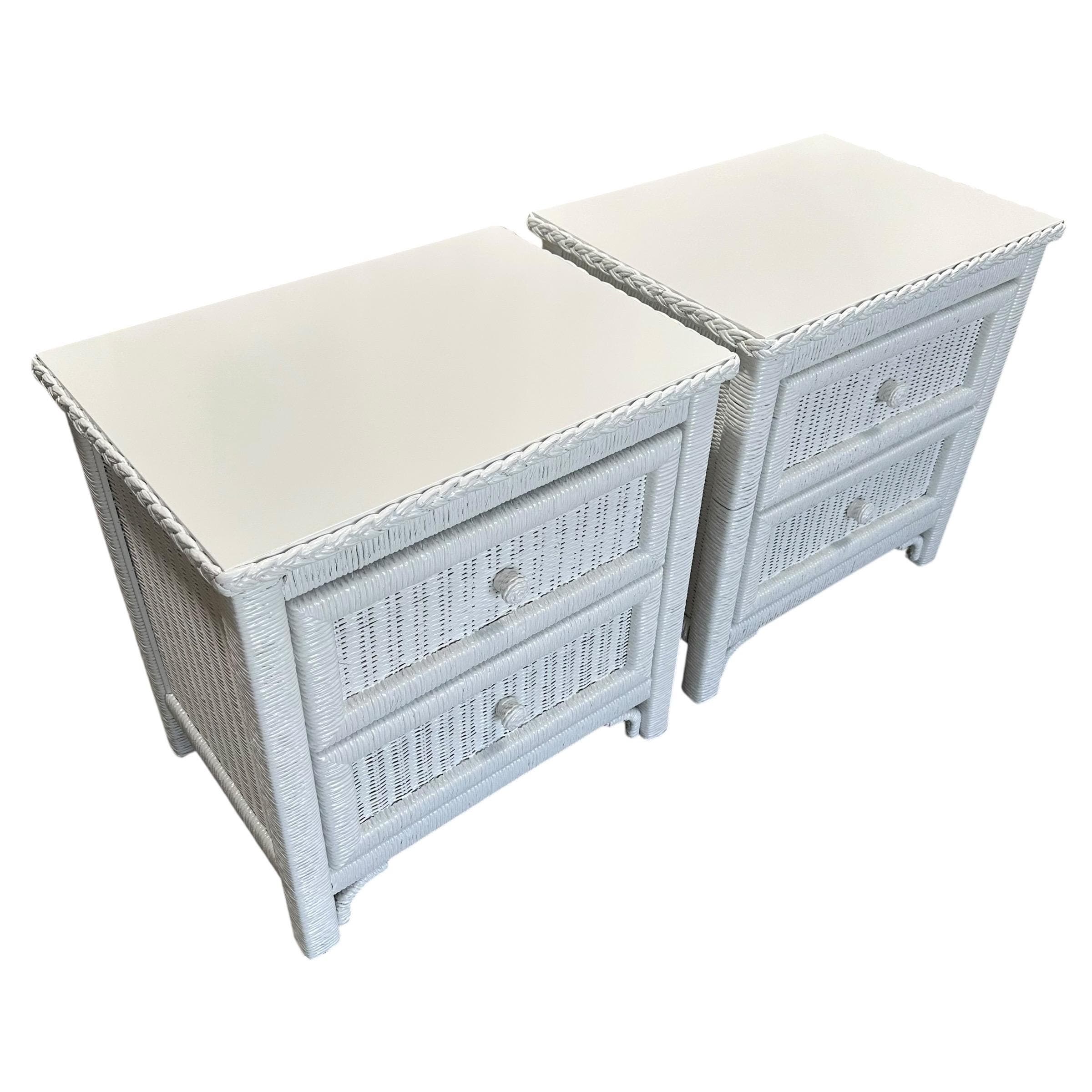White Wicker Nightstands by Henry Link - Set of 2 Vintage Painted Wrapped Rattan Coastal Boho Chic End Tables Pair - Thumbnail 9