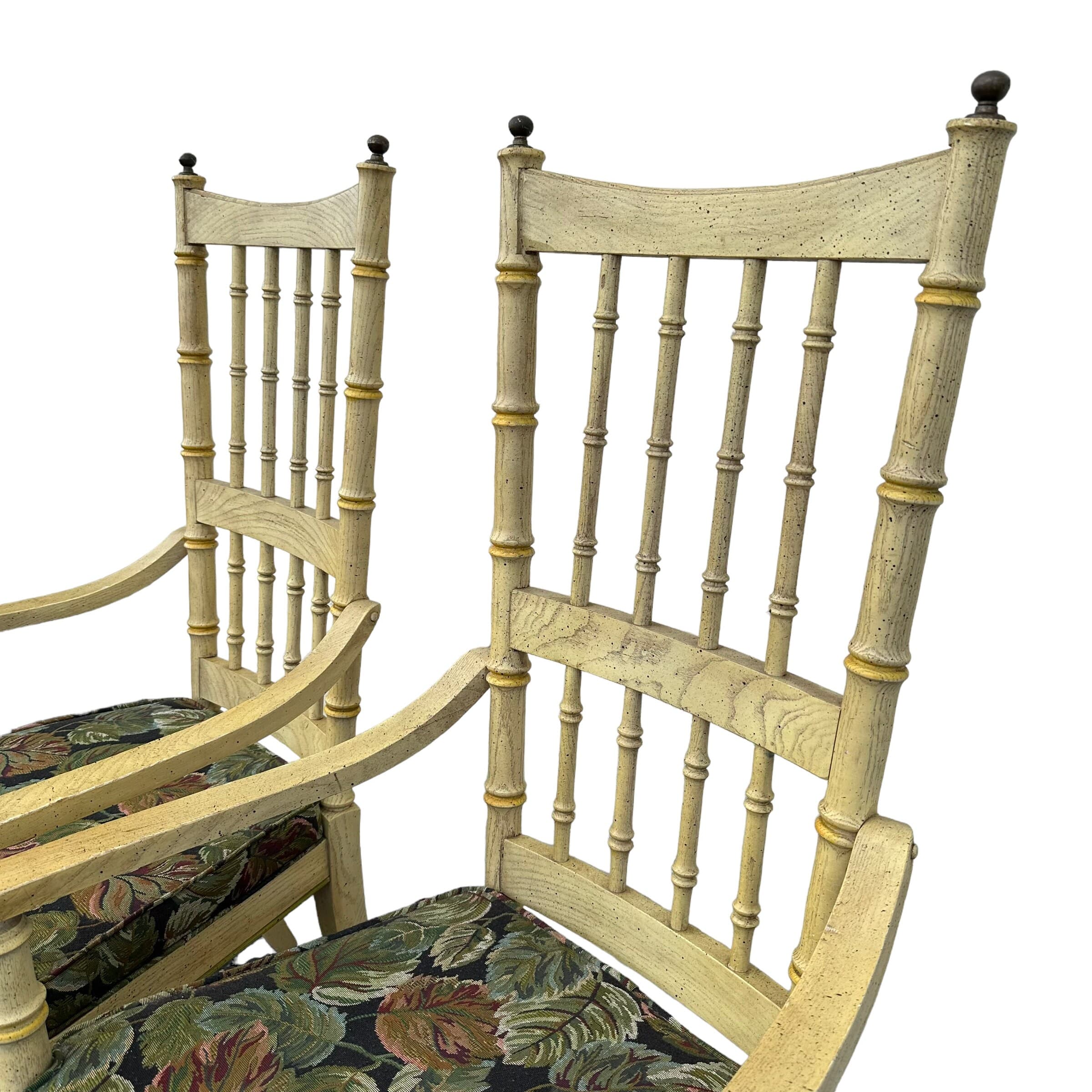 Faux Bamboo Armchairs with Spindles & Finials by Stanley Furniture Set of 2 - 1970s Vintage Pair Coastal Palm Beach Dining Accent Arm Chairs - Thumbnail 3