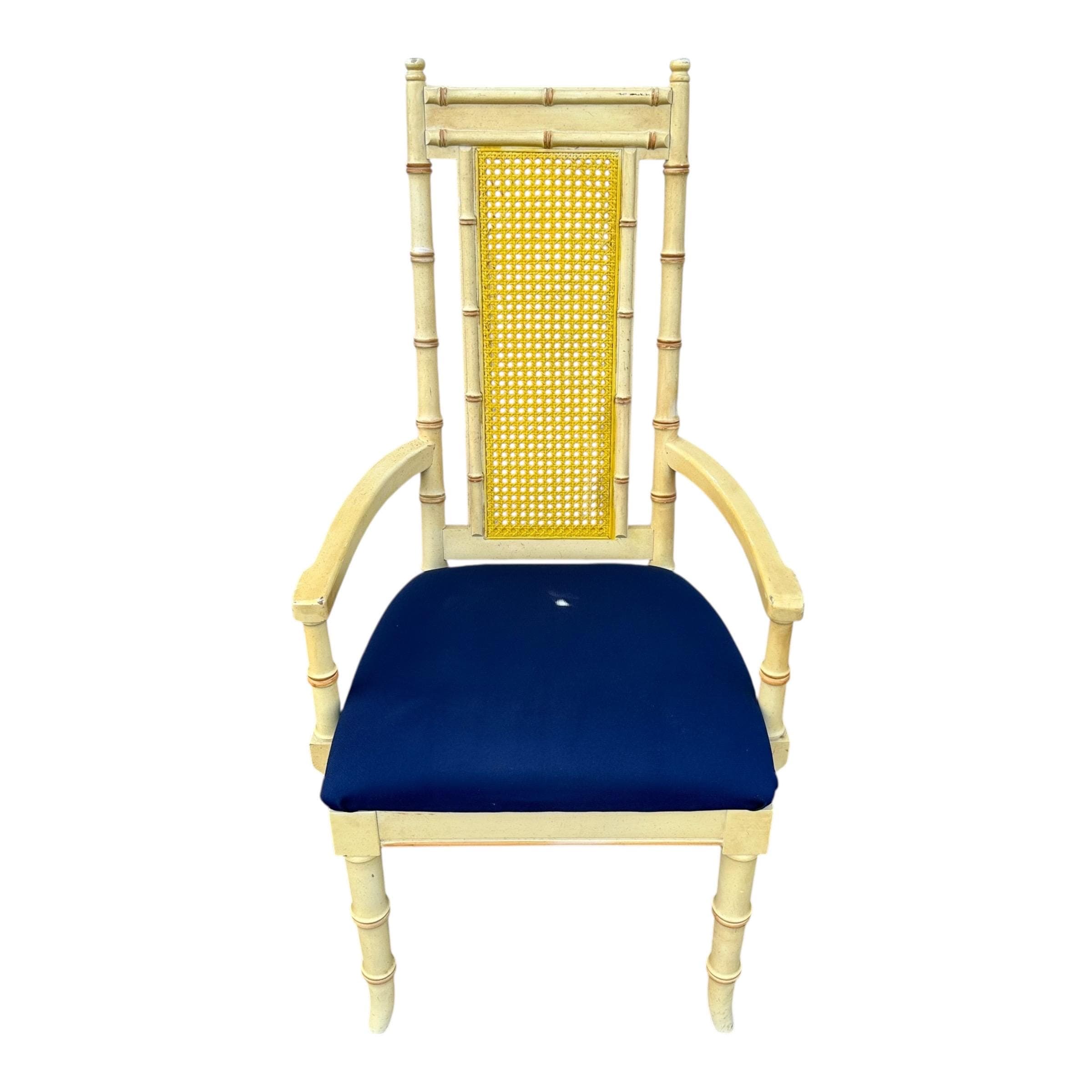 Faux Bamboo Dining Arm Chair - Vintage Wood & Rattan Cane Hollywood Regency Coastal Style - Thumbnail 7