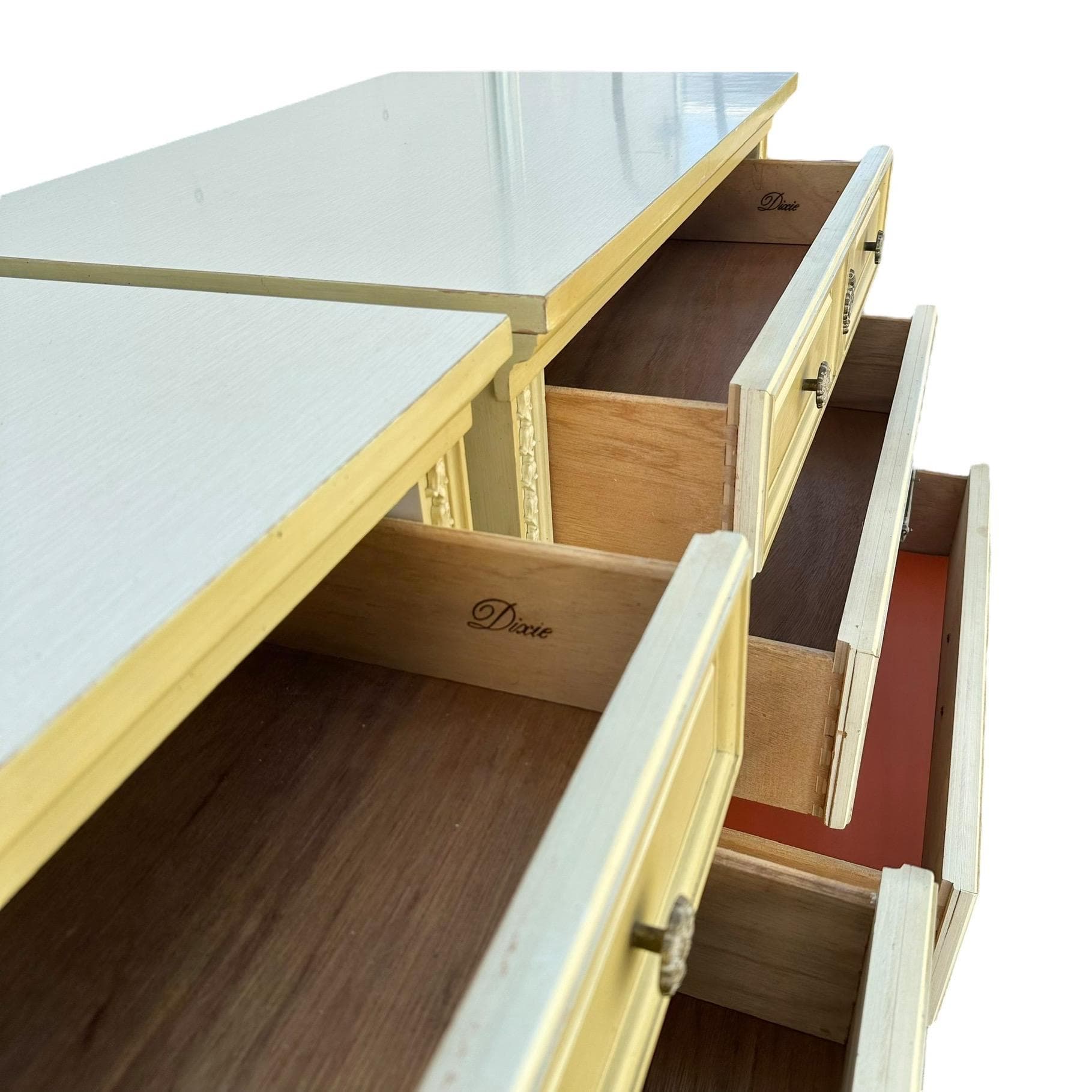 French Country Nightstands 30" Tall by Dixie Furniture - Set of 2 Vintage Yellow Chartreuse Wood Provincial 3 Drawer Chests End Tables Pair - Thumbnail 4