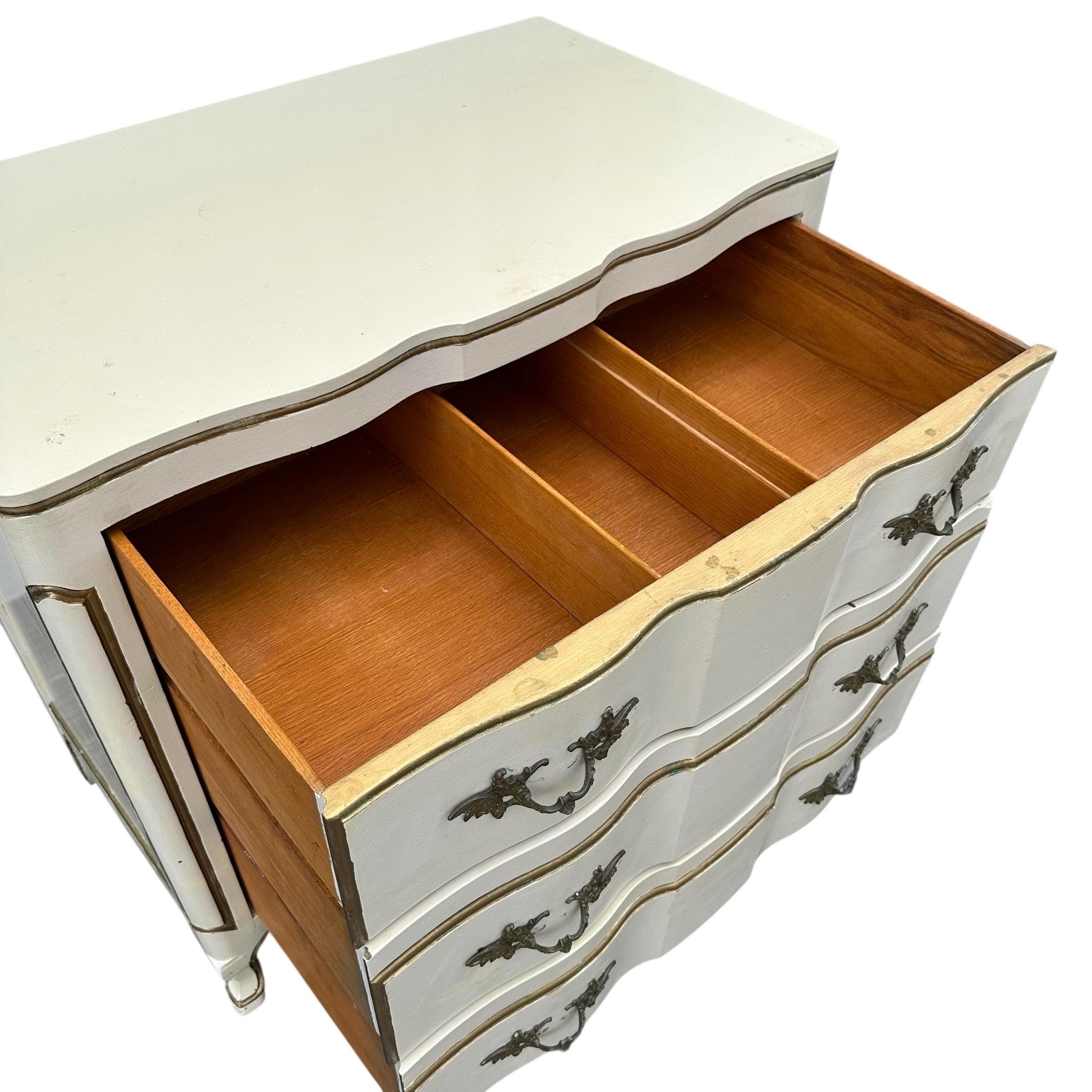 Vintage White French Provincial Nightstand by John Widdicomb - 3 Drawer Dresser Chest, Antique Gold Trim, Romantic Cottage Shabby Chic Style - Thumbnail 6