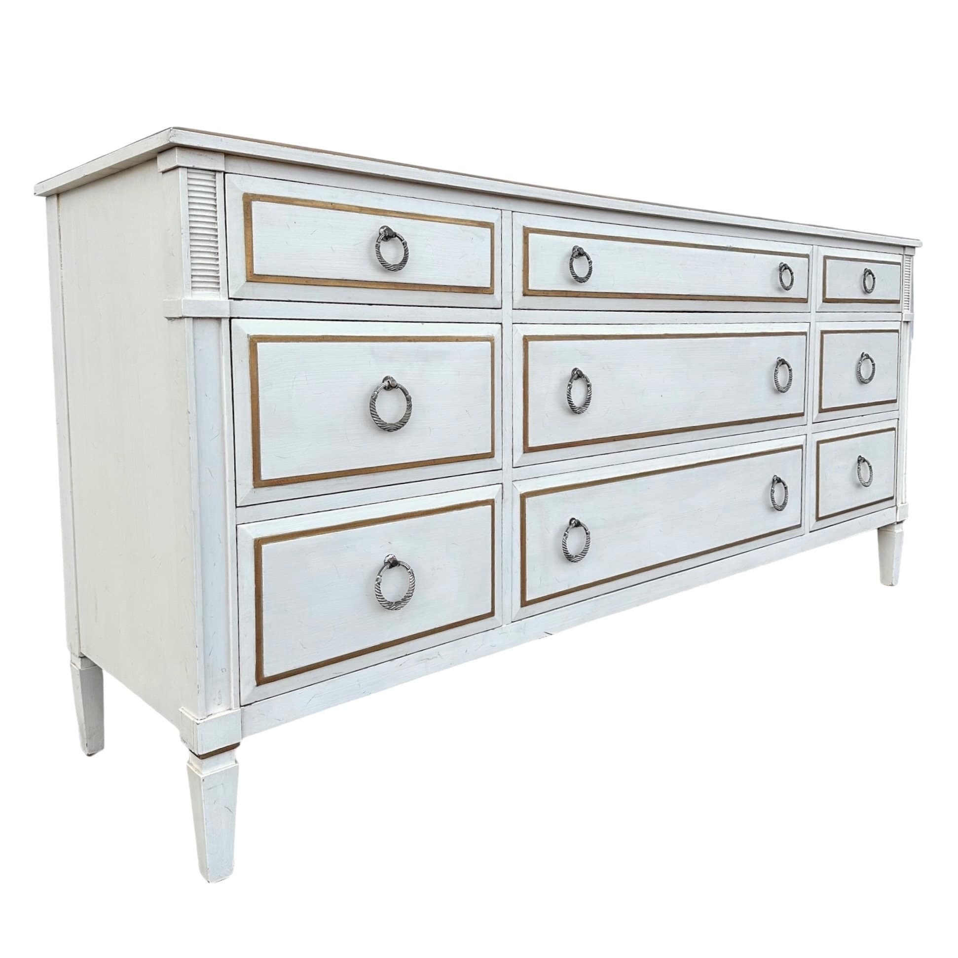 Vintage Davis Cabinet Company 71” Long Dresser – Antique White Gold Wood 9 Drawer Credenza with Drop Ring Pulls - Thumbnail 2
