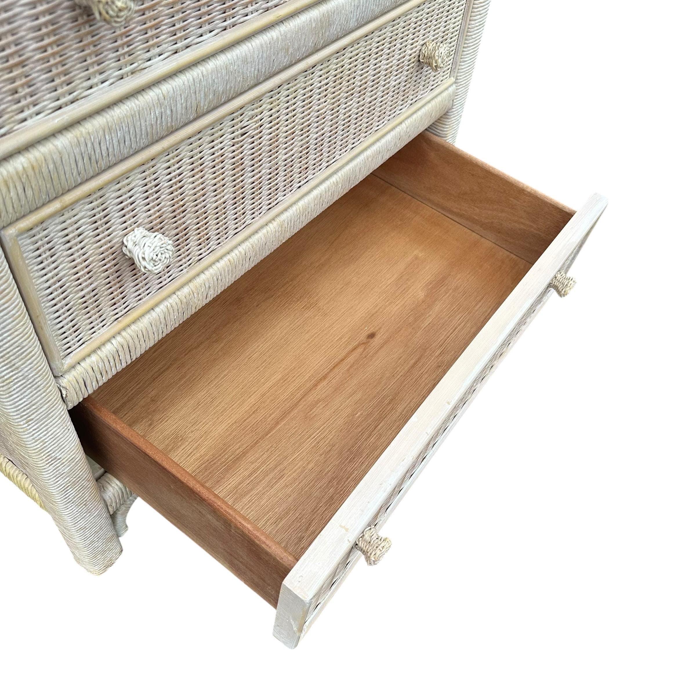 SOLD Natural Wicker Nightstand Chest by Henry Link 30” Tall - Vintage Coastal Rattan Boho Chic 3 Drawer Dresser & Glass Table Top - Thumbnail 7