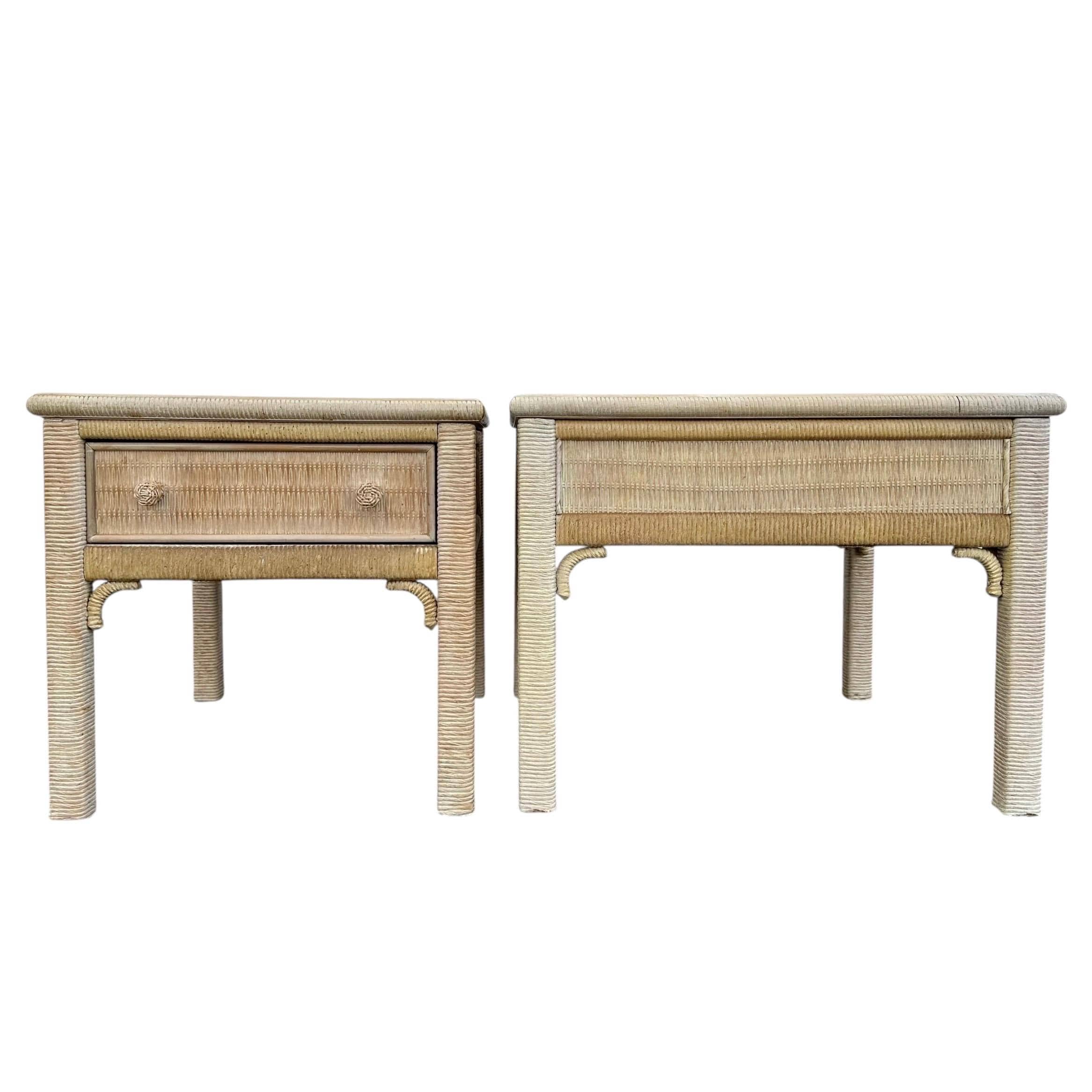 Set of 2 Vintage Henry Link Wicker End Tables with Glass Tops - Coastal Boho Chic Rattan Hollywood Regency Bamboo Style Pair - Image 1