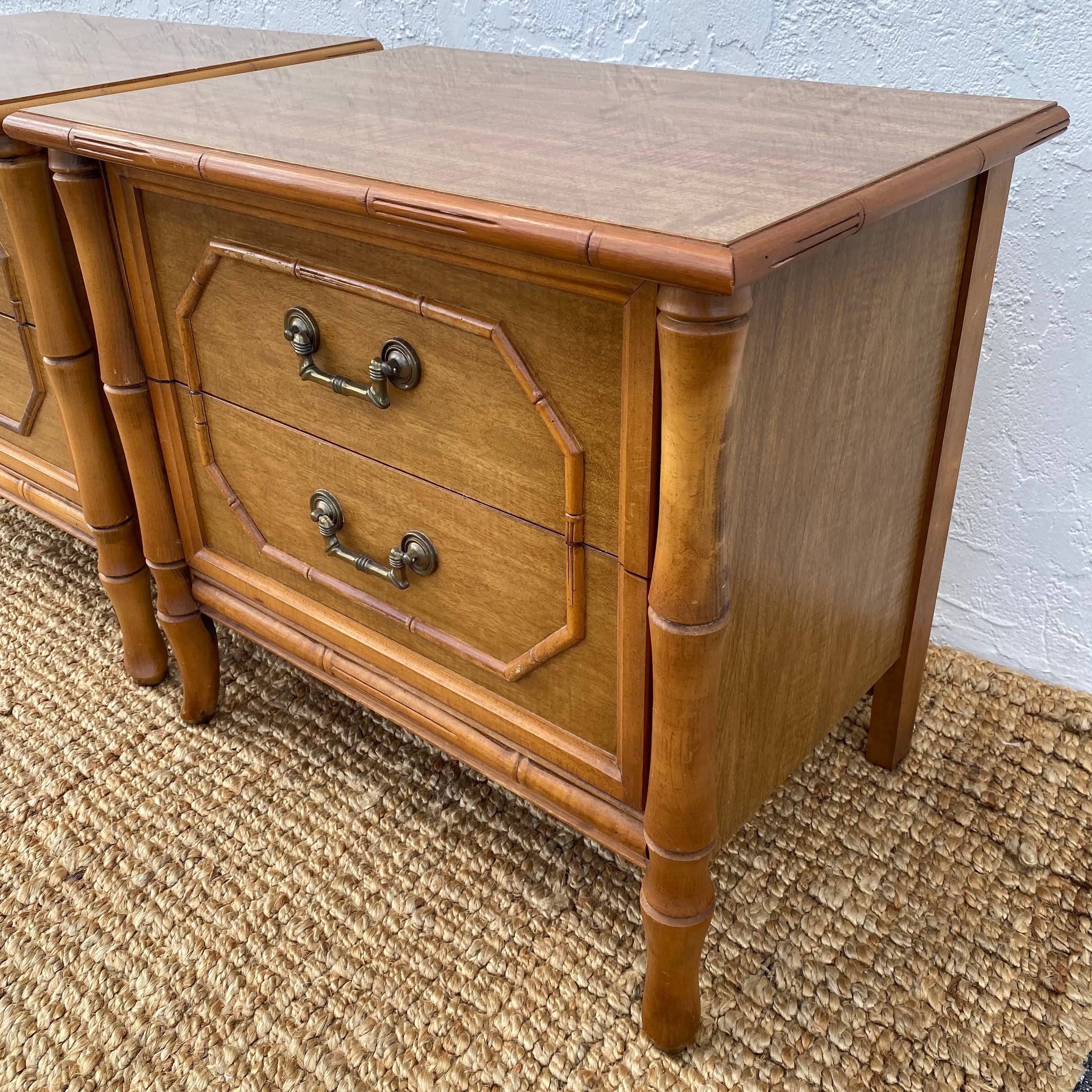 Set of 2 Vintage Faux Bamboo Nightstands - Brown Wooden Broyhill Hollywood Regency Coastal Furniture - Thumbnail 6