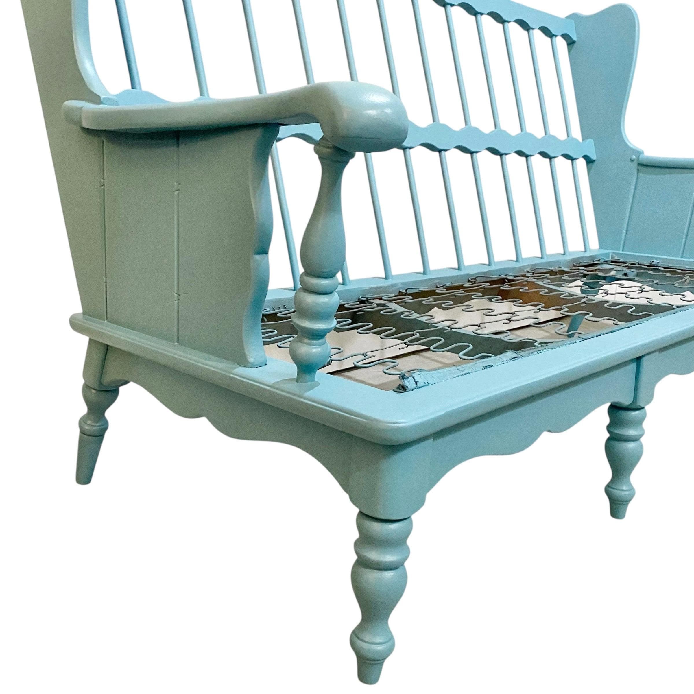 Vintage Turquoise Blue Settee 69” Long - 3 Seat Spindle Back Bench with Cushions - Aqua Cottage Farmhouse Sofa - Thumbnail 7