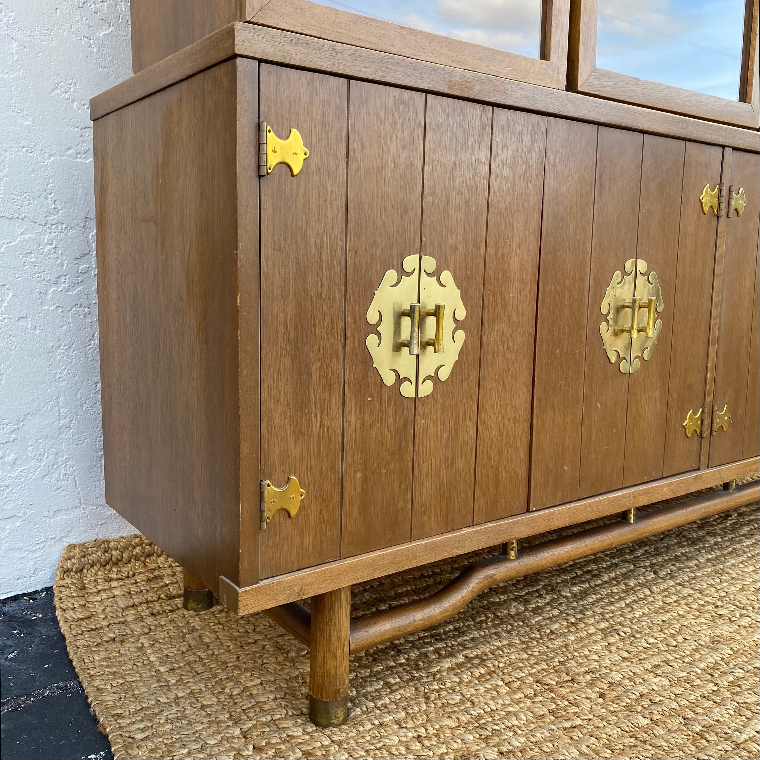 Chinoiserie China Cabinet with Asian Style Brass Hardware, Wood & Glass Display Hutch - Vintage Mid-Century Modern MCM Furniture - Thumbnail 6