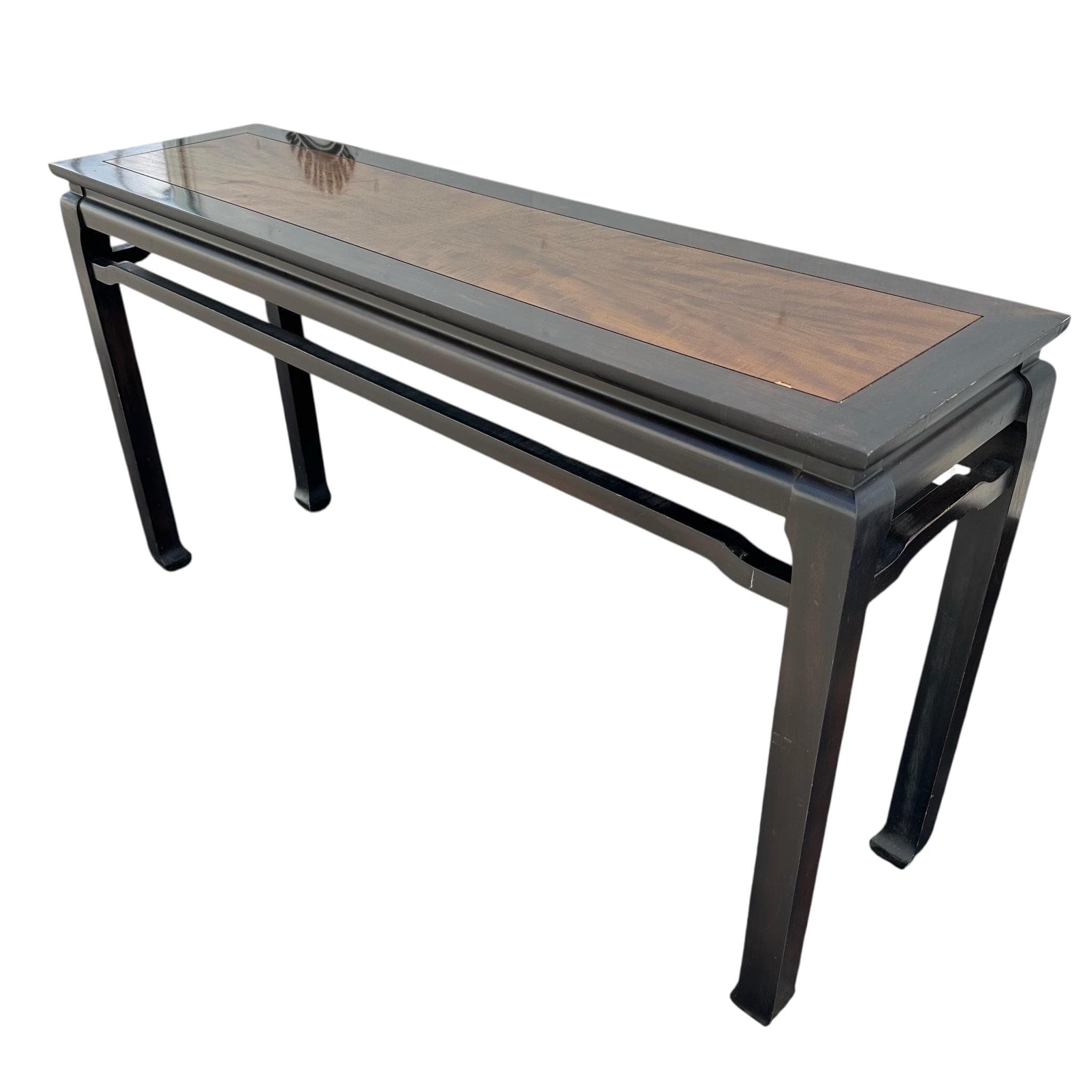 Chinoiserie Console with Ming Style Feet - Vintage Two Tone Black & Wood Asian Sofa or Entry Table - Thumbnail 5