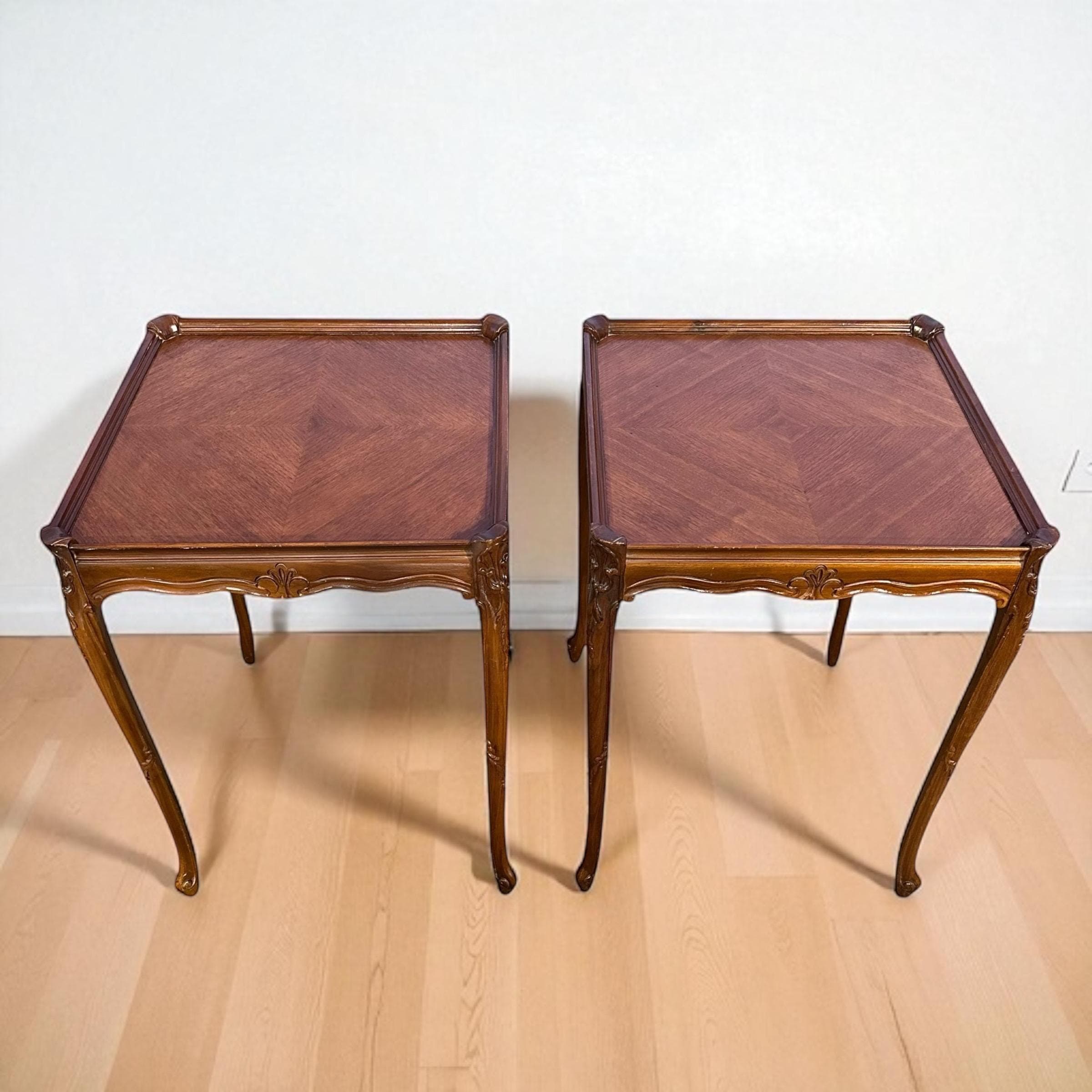 Vintage French Provincial End Tables - Carved Wood Parquet Top Side Tables - a Pair - Image 1