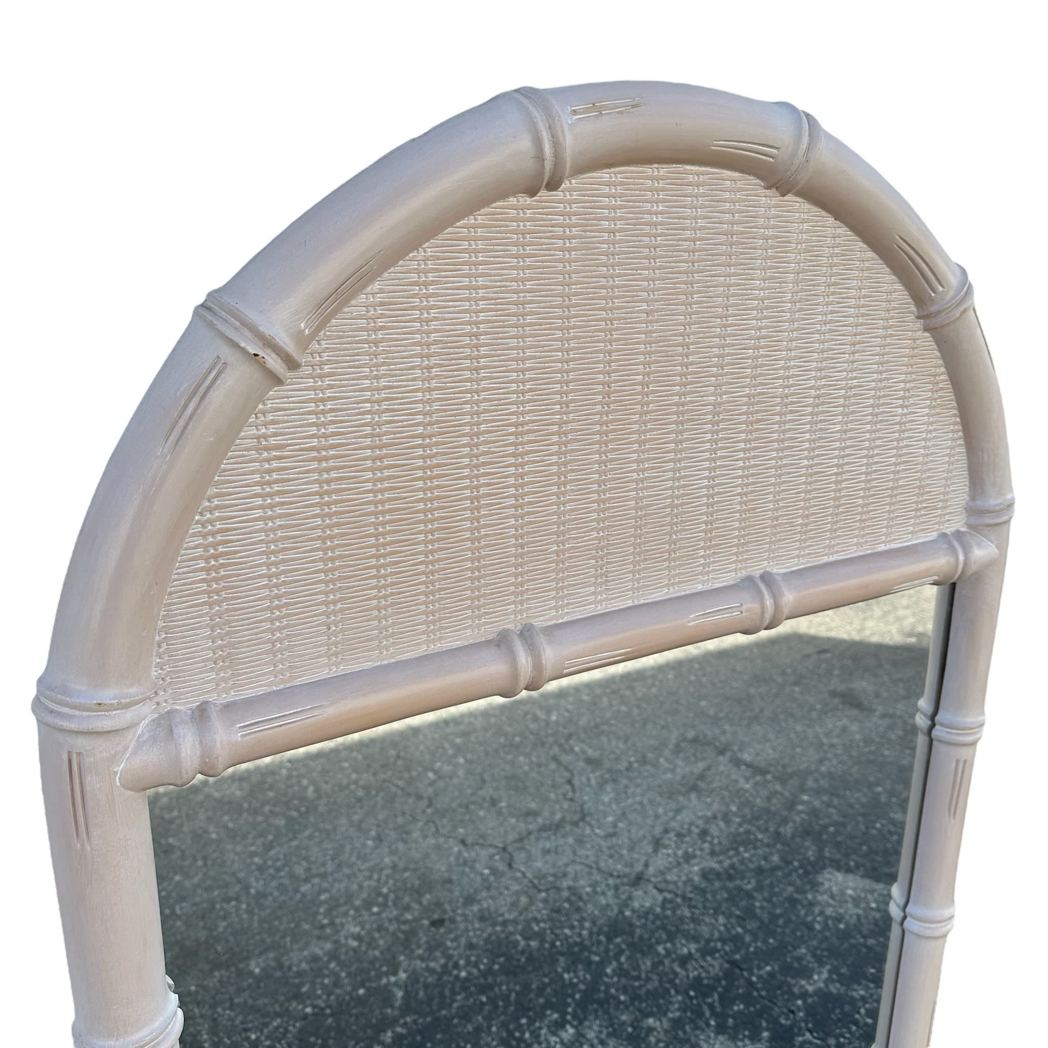 Faux Bamboo & Wicker Mirror 51x29 LOCAL PICKUP Vintage Broyhill Rounded Whitewash Coastal Hollywood Regency Style - Thumbnail 8