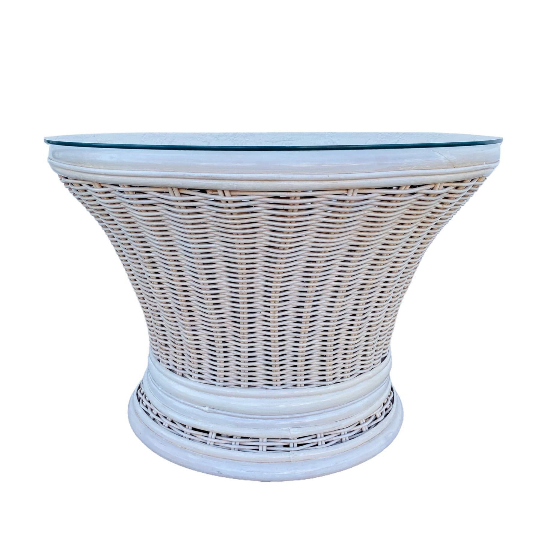 Round Rattan End Table with Glass Top 30W 21H - Vintage White Wash Pedestal Wicker Base Side or Accent Table Coastal Boho Chic Furniture - Image 1