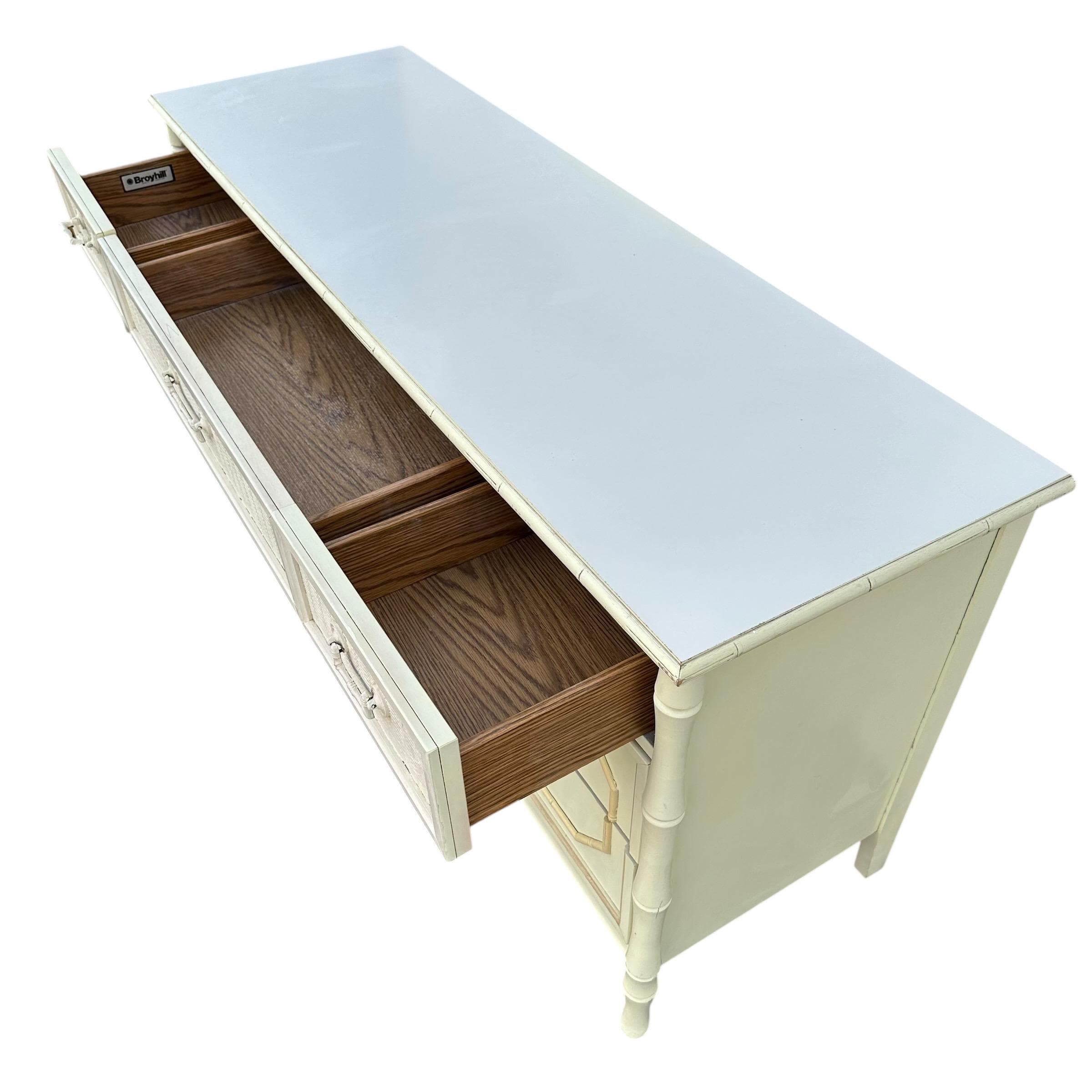Vintage Broyhill Faux Bamboo Dresser 60" - Creamy White Hollywood Regency Coastal Bedroom Furniture - Thumbnail 3