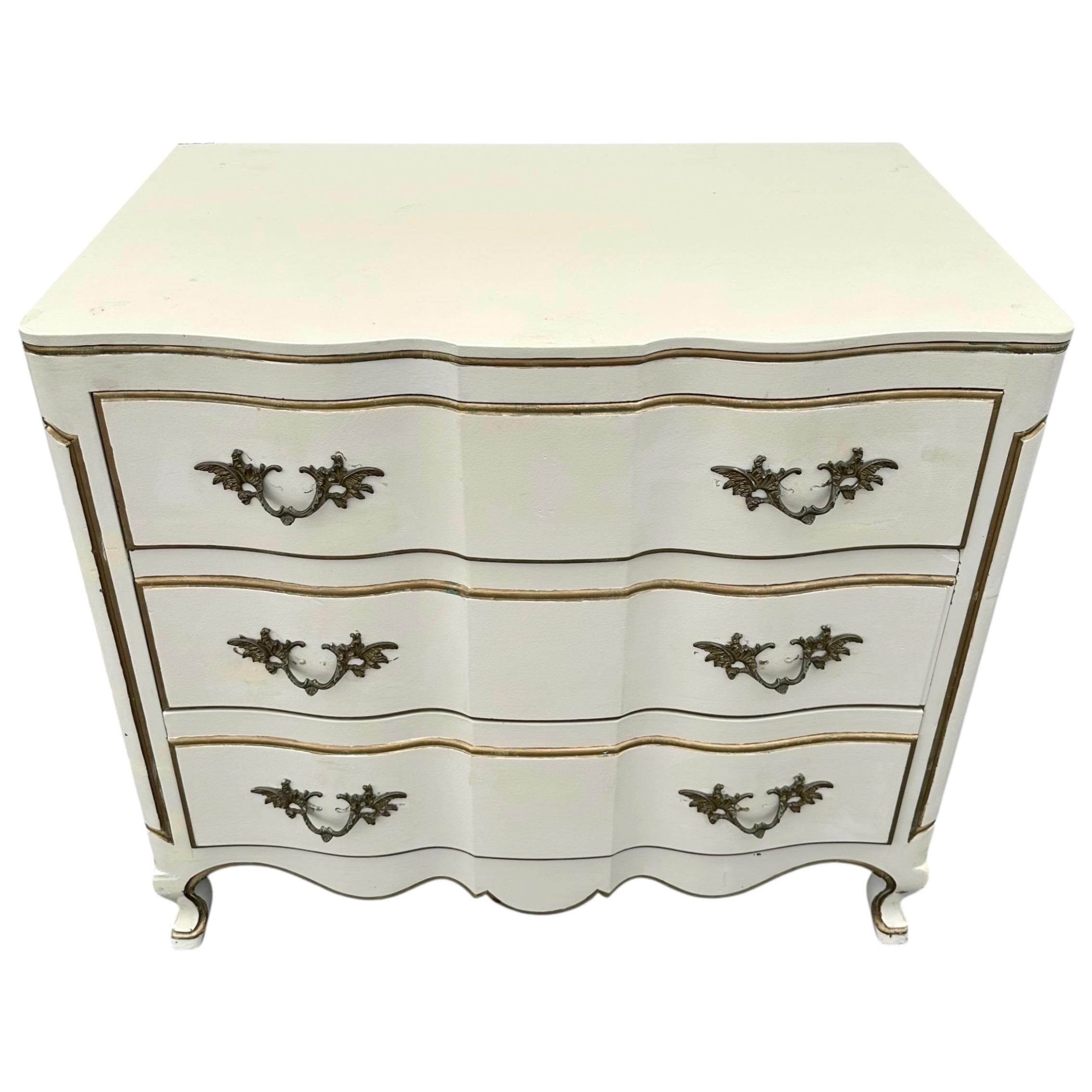 Vintage White French Provincial Nightstand by John Widdicomb - 3 Drawer Dresser Chest, Antique Gold Trim, Romantic Cottage Shabby Chic Style - Thumbnail 10
