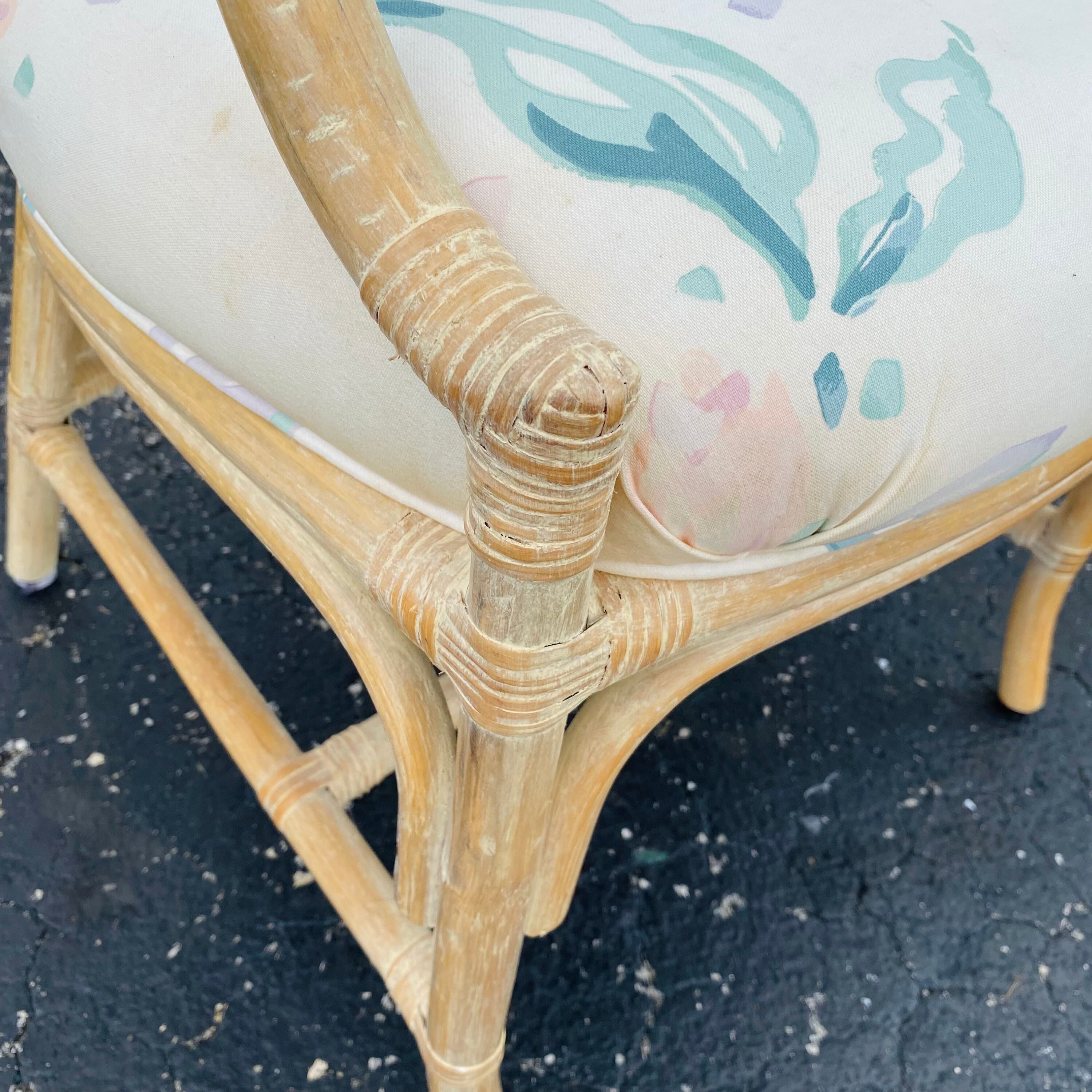 Vintage Rattan Dining Chair - One Cracked Ice McGuire Style Hollywood Regency Coastal Fretwork Armchair - Thumbnail 4