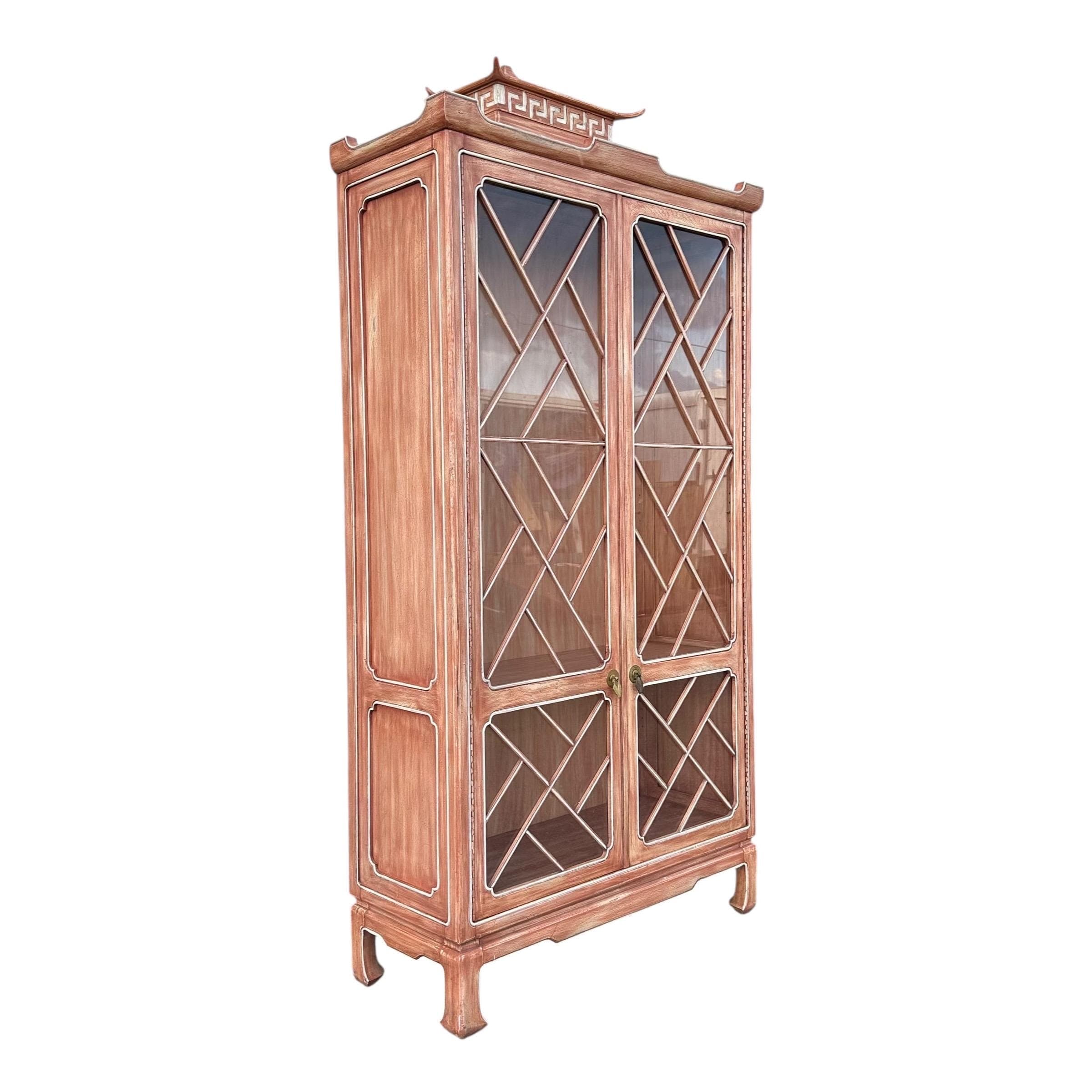 Vintage Pagoda China Cabinet by Tomlinson - Oversized Lighted Chinoiserie Vitrine - Rare Brushed Rose Wood Hollywood Regency - Thumbnail 2
