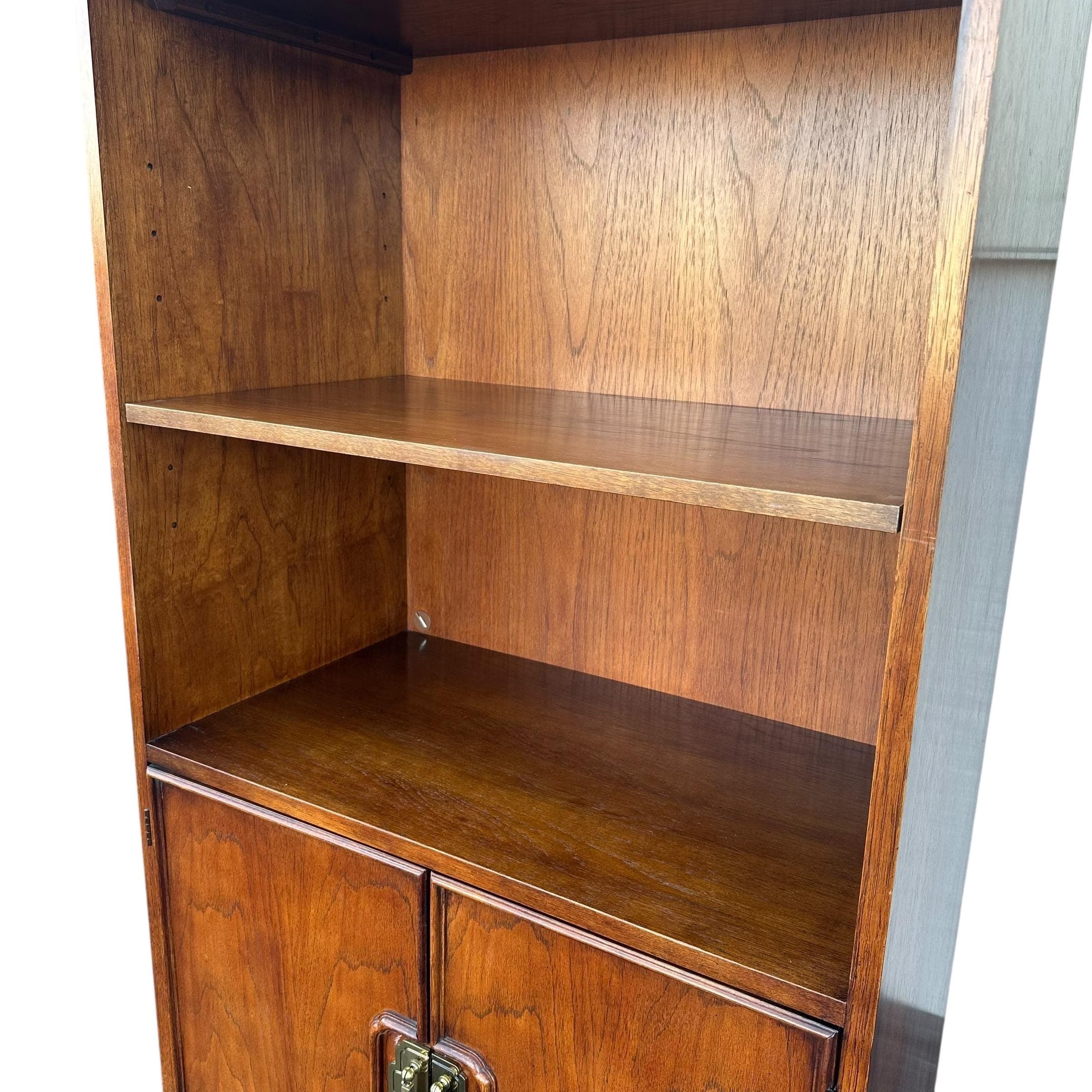 Vintage Thomasville Mystique Display Cabinet - Lighted Glass Top, Mirrored Back, Pecan Wood, Asian-Inspired Hardware - Thumbnail 9