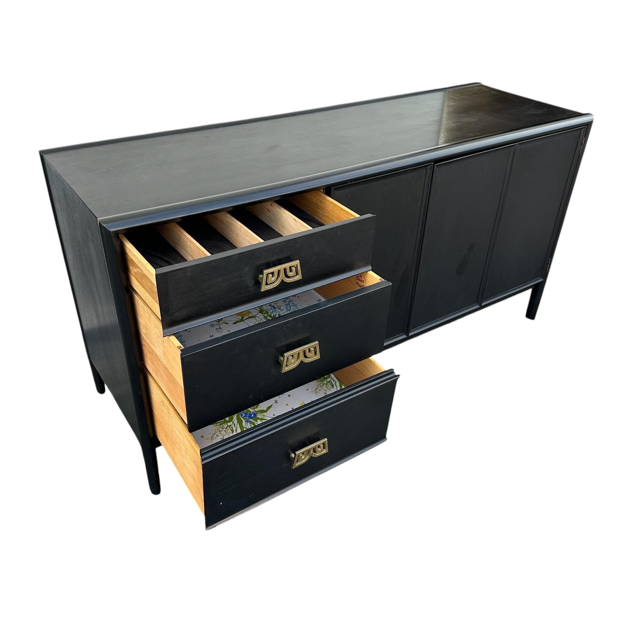 Vintage Drexel Parallel Sideboard - Black Wood, Gold, Chinoiserie MidCentury Asian Oriental Style Credenza Cabinet - Thumbnail 4