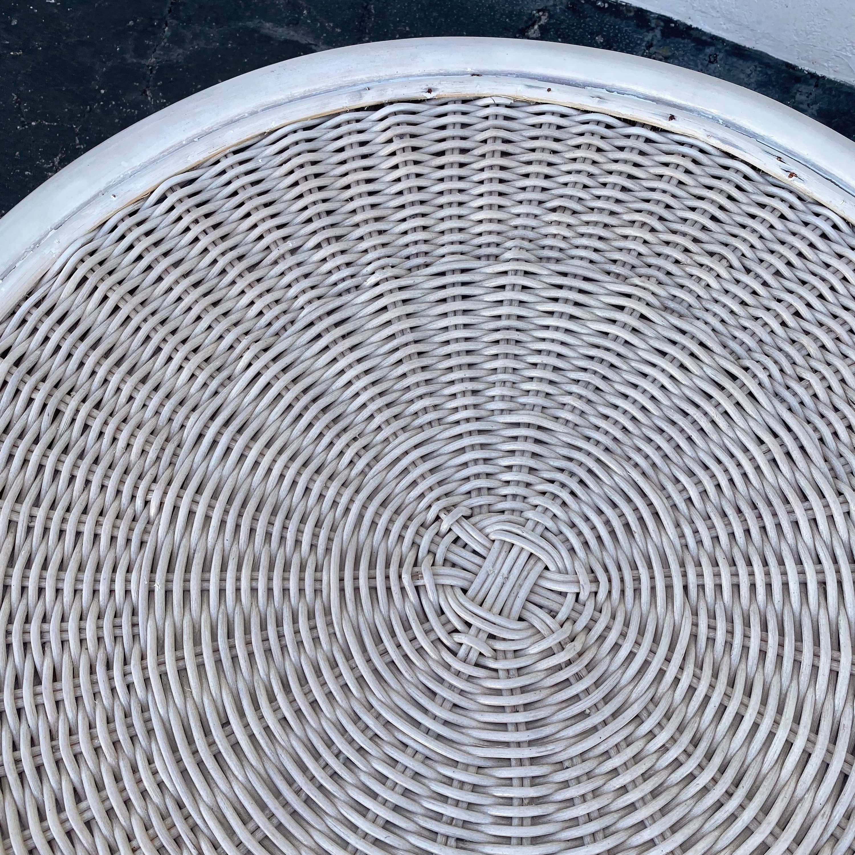 Round Rattan End Table with Glass Top 30W 21H - Vintage White Wash Pedestal Wicker Base Side or Accent Table Coastal Boho Chic Furniture - Thumbnail 8