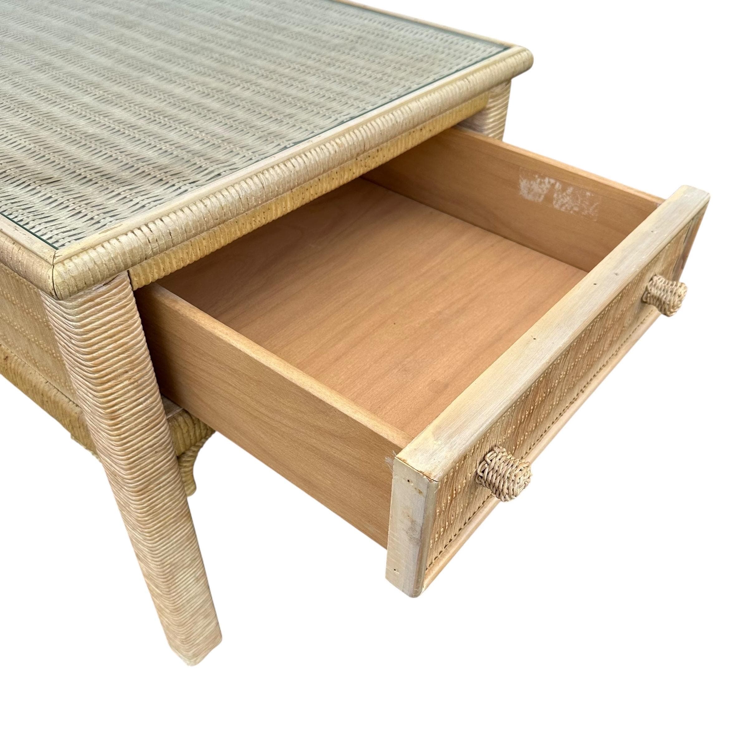 Rattan End Table by Henry Link Wicker 22x27 with Glass Top & Drawer - Vintage Coastal Boho Chic Hollywood Regency Bamboo Style Furniture - Thumbnail 3