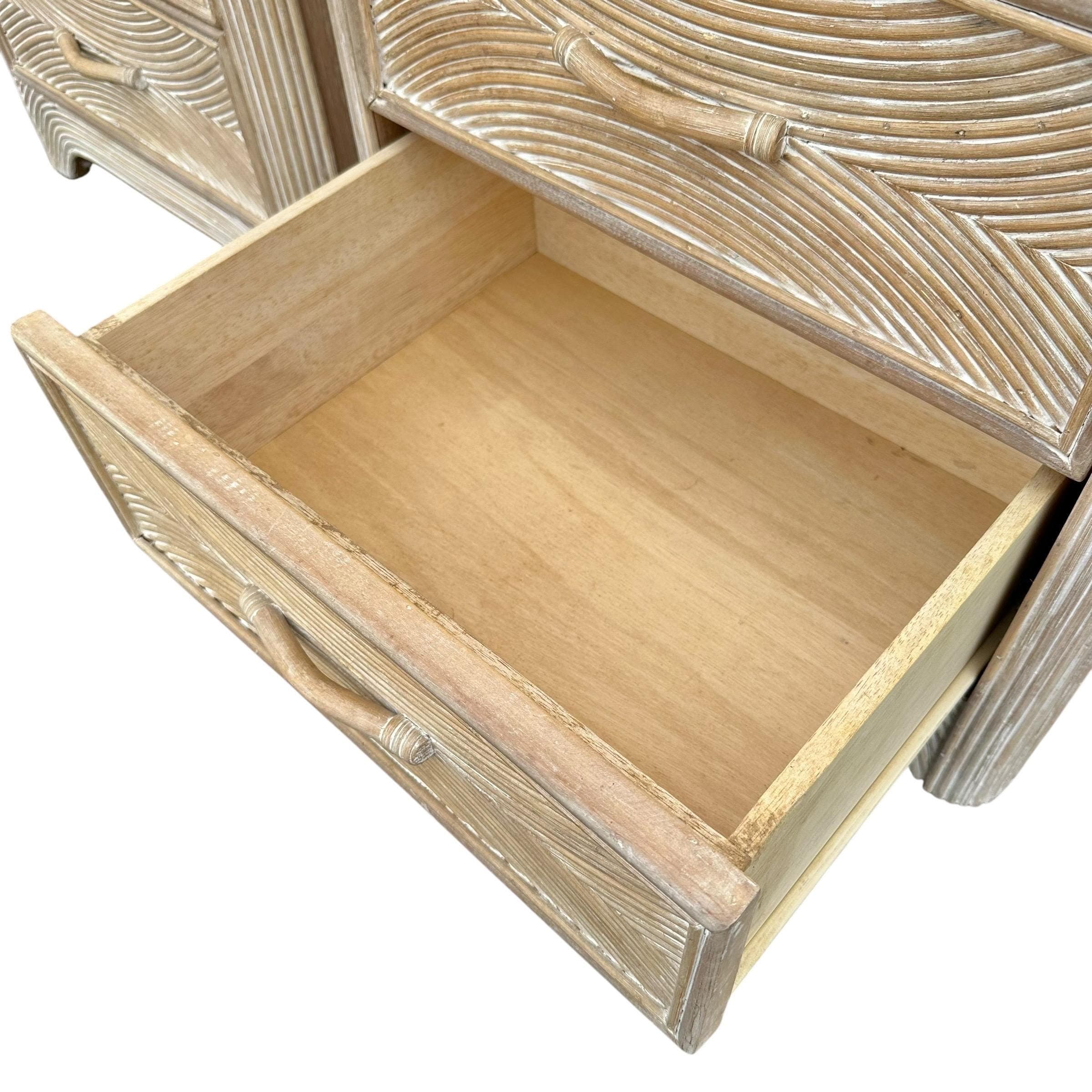 Set of 2 Pencil Reed Nightstands FREE SHIPPING - Vintage Split Rattan White Wash Wood Waterfall Hollywood Regency Coastal Tables Pair - Thumbnail 6