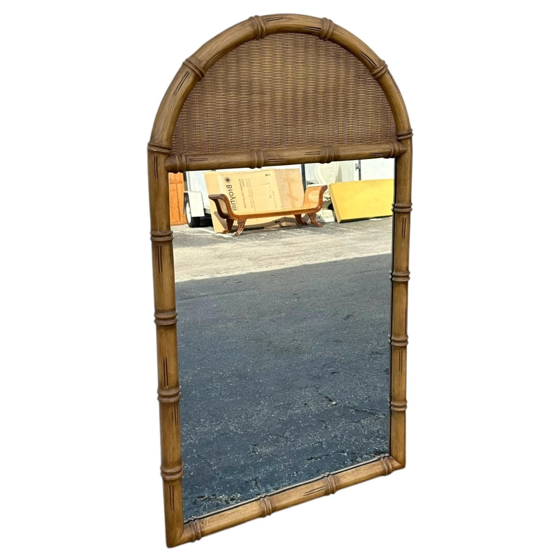 Faux Bamboo & Wicker Mirror 51x29 LOCAL PICKUP Vintage Broyhill Rounded Brown Wooden Coastal Hollywood Regency Style - Thumbnail 6