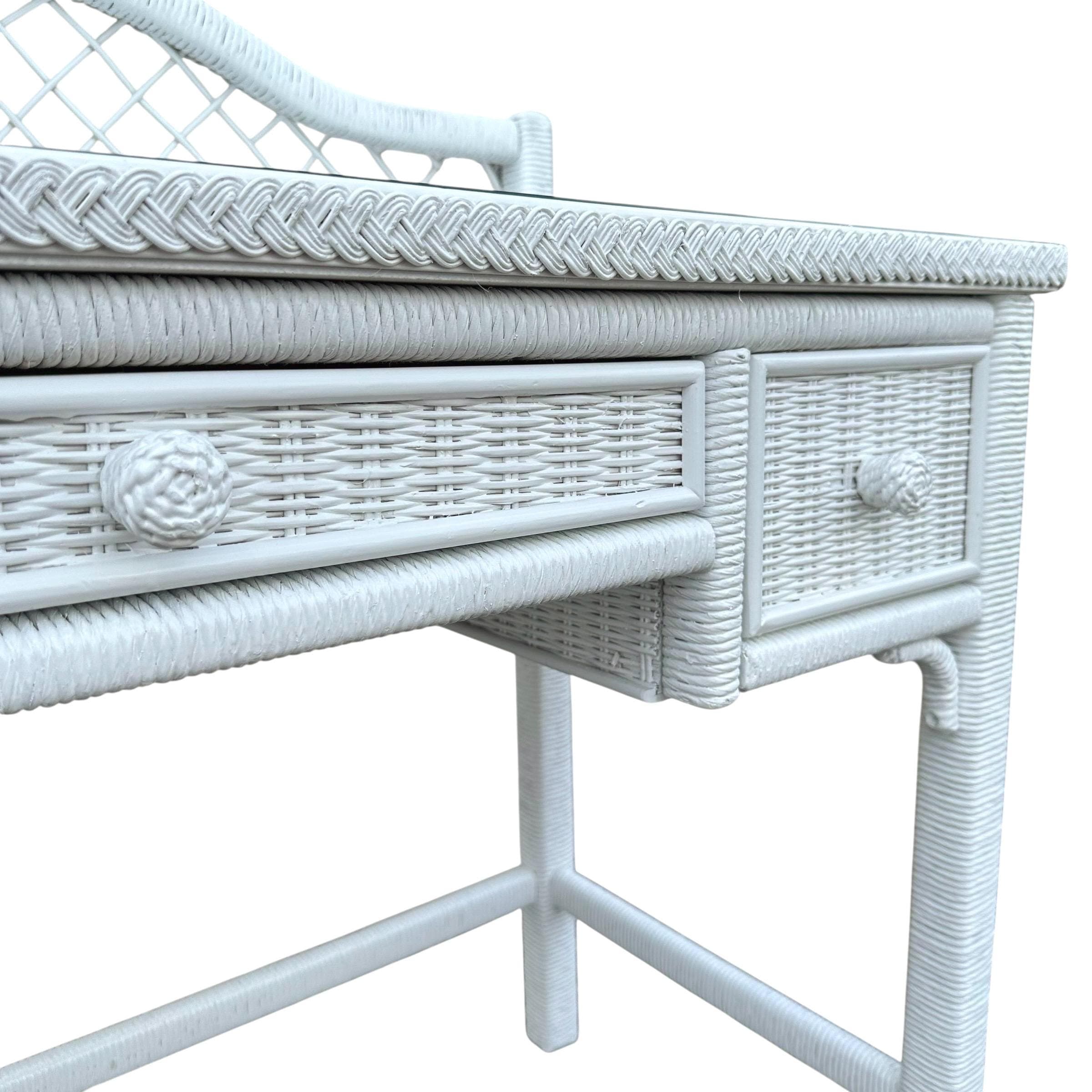 White Rattan Desk by Henry Link Wicker 42” Vintage Glass Table Top Small Vanity - Coastal Hollywood Regency Boho Chic Style Furniture - Thumbnail 8
