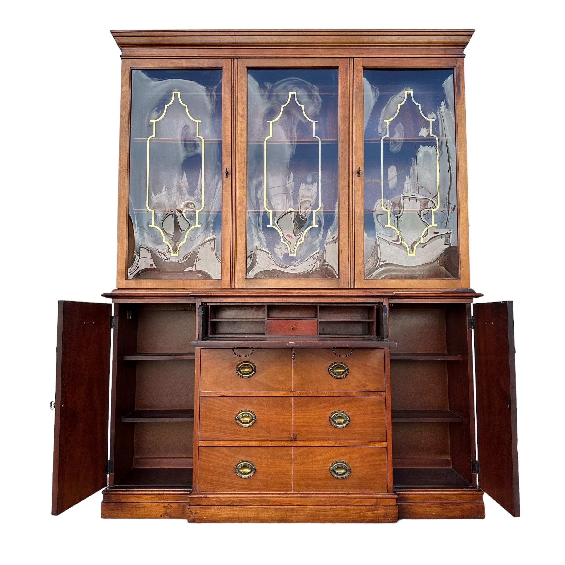 Vintage Cabinet with Gold Pagoda Bubble Glass Doors & Skeleton Key - Georgian Style Wood Butler’s Hutch Breakfront China Domed Display Case - Thumbnail 2