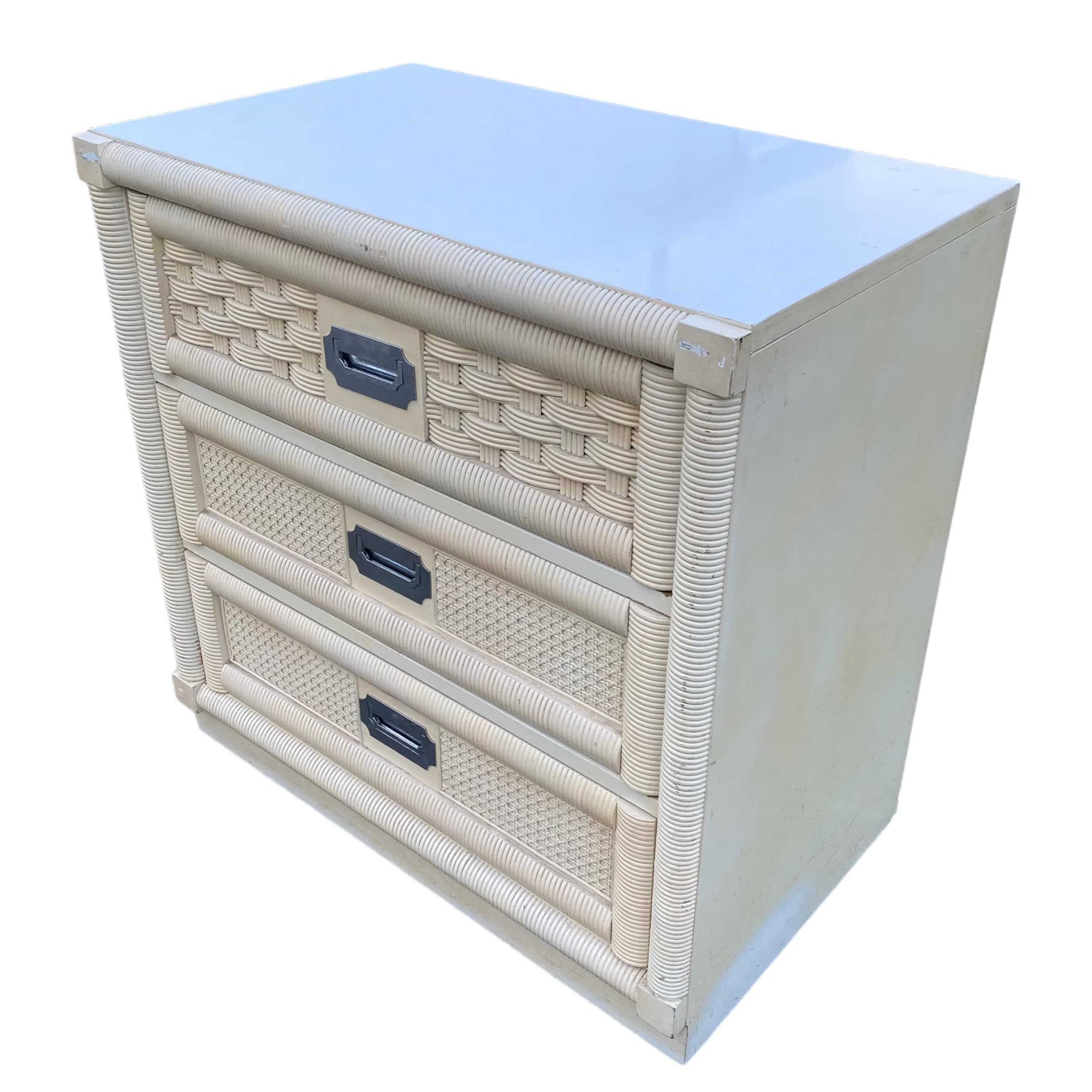 Rattan Nightstand by Dixie Wicker Weve with 3 Drawers 30" Tall - Vintage Creamy White Cane Coastal Bamboo Campaign Boho Chic Style Chest - Thumbnail 3